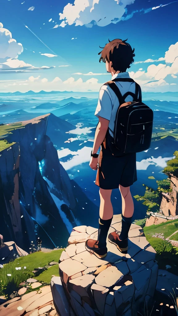 A young men standing on a mountain peak cloud and blue sky, afternoon scene, hd, 4k, highly detailed, vivid and bright colours, water painting, anime style, makoto shinkai anime style, detailed face, a traveling bag,