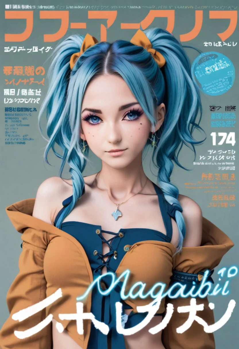 Aisha Hanabi in a magazine cover named, " Aisha Hanabi v1 ", blue hair, flat chested, mole under eye, magazine cover named, " Aisha Hanabi v1 ", 