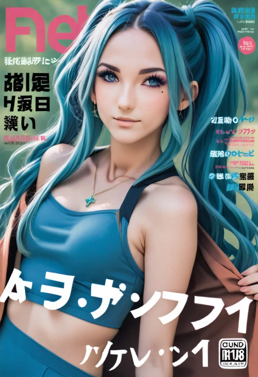 Aisha Hanabi in a magazine cover named, " Aisha Hanabi v1 ", blue hair, flat chested, mole under eye, magazine cover named, " Aisha Hanabi v1 ", 