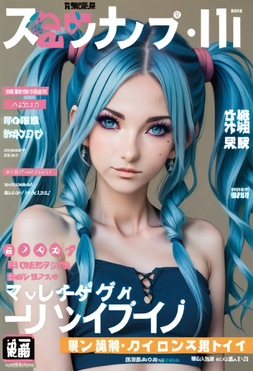 Aisha Hanabi in a magazine cover named, " Aisha Hanabi v1 ", blue hair, flat chested, mole under eye, magazine cover named, " Aisha Hanabi v1 ", 