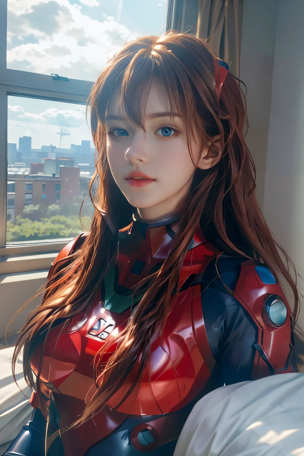 4K, 8K, (Masterpiece, best quality:1.2), blue eyes, perfect face, cosplay, professional photo, photo, photorealism, modelshoot style, portrait of shirogane, red plugsuit, feminine, bedroom, bed, sheets, window, plants, upper body, face shot