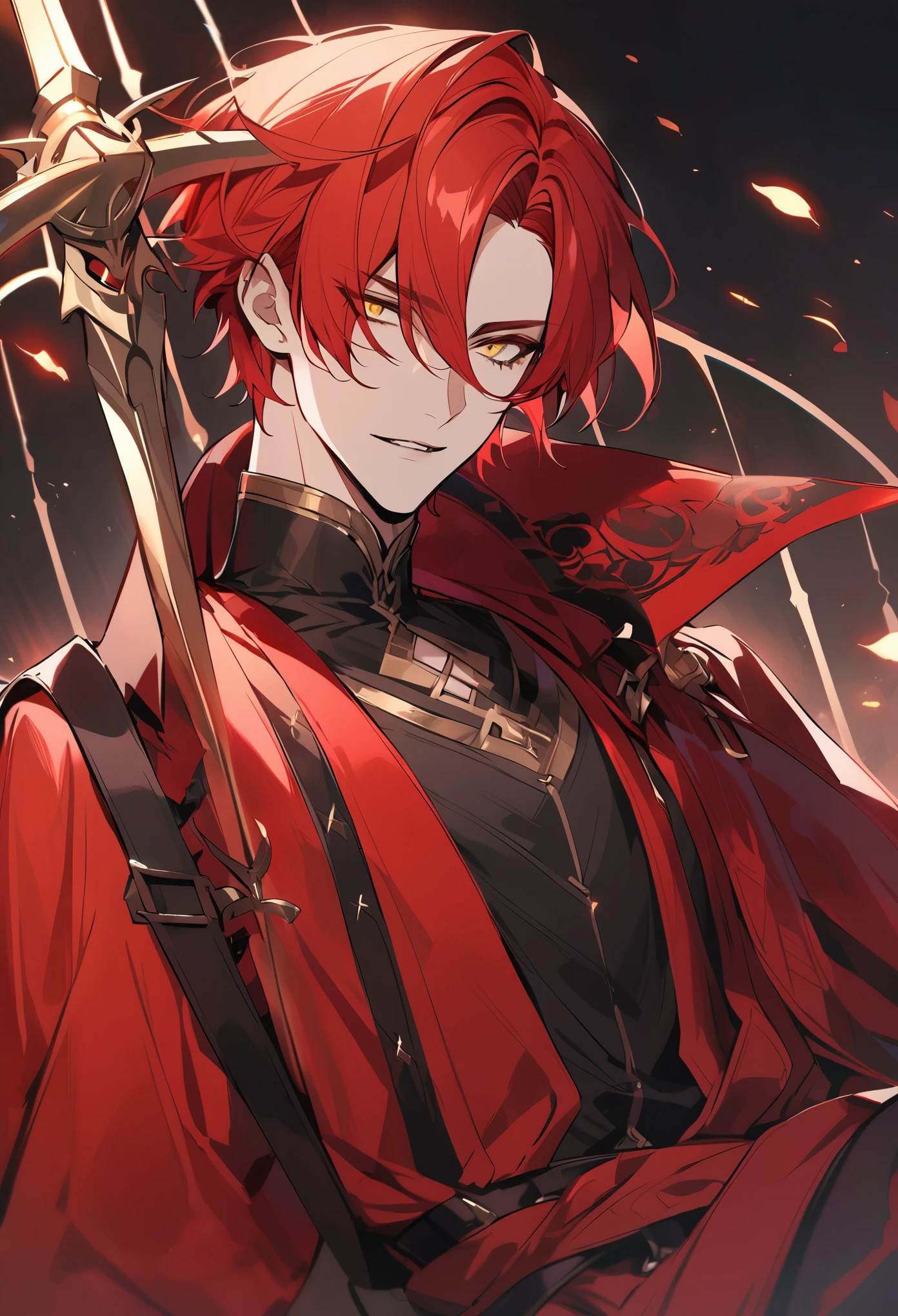 ((male)), 1 character in the photo, yandere, smile, blood, diluc, diluc genshin Impact, roses, Horror, angry face with a smile
