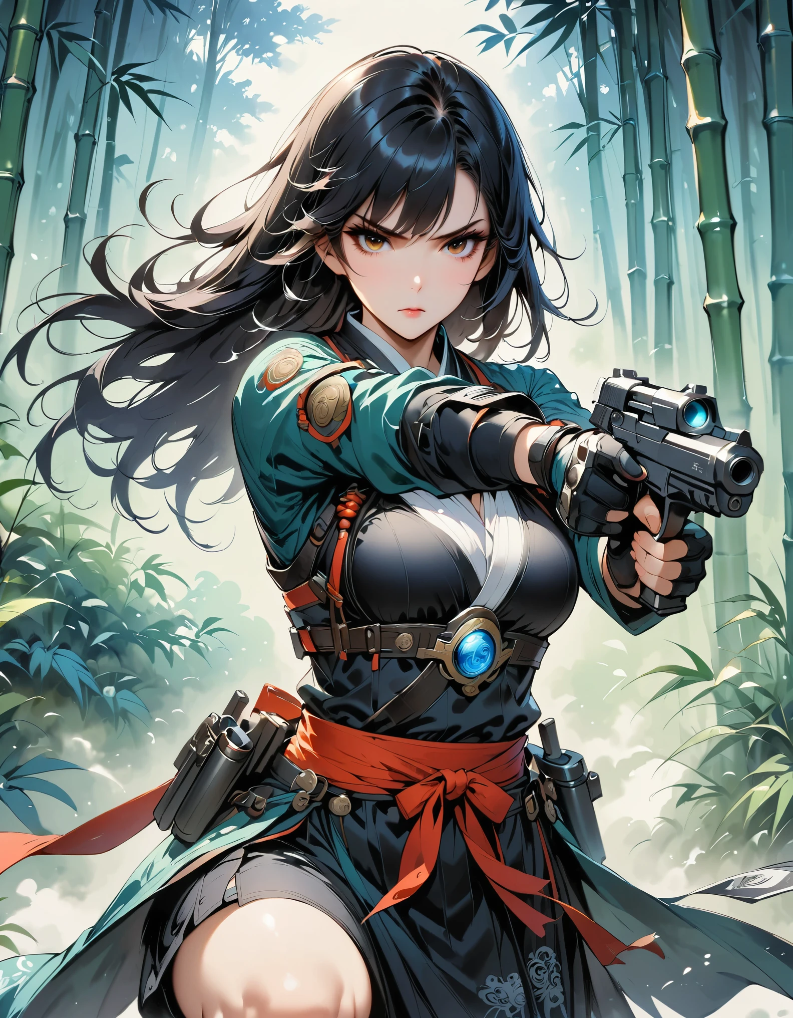 (masterpiece, best quality:1.2), 1 girl，two-dimensional， metal jewelry,armor， Serious expression, attack action, eyes cold, Clothing black and white ink style, martial arts style, sash, keen vision，black theme，Dual-wielding pistol，aim at you，emit laser，bamboo forest，high-rise building，