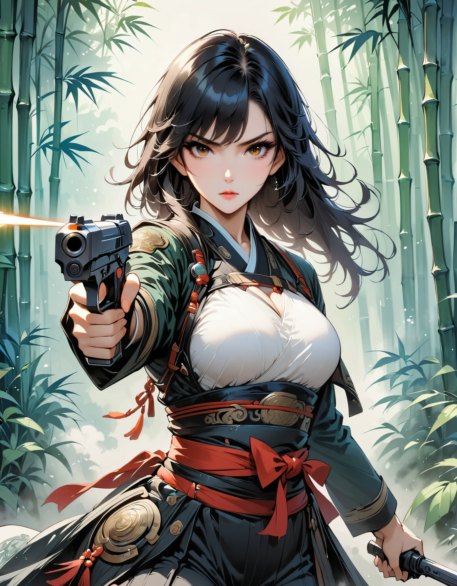 (masterpiece, best quality:1.2), 1 girl,sexy,two-dimensional, metal jewelry,armor, Serious expression, attack action, eyes cold, Clothing black and white ink style, martial arts style, sash, keen vision,black theme,Dual-wielding pistol,aim at you,emit laser,bamboo forest,high-rise building,