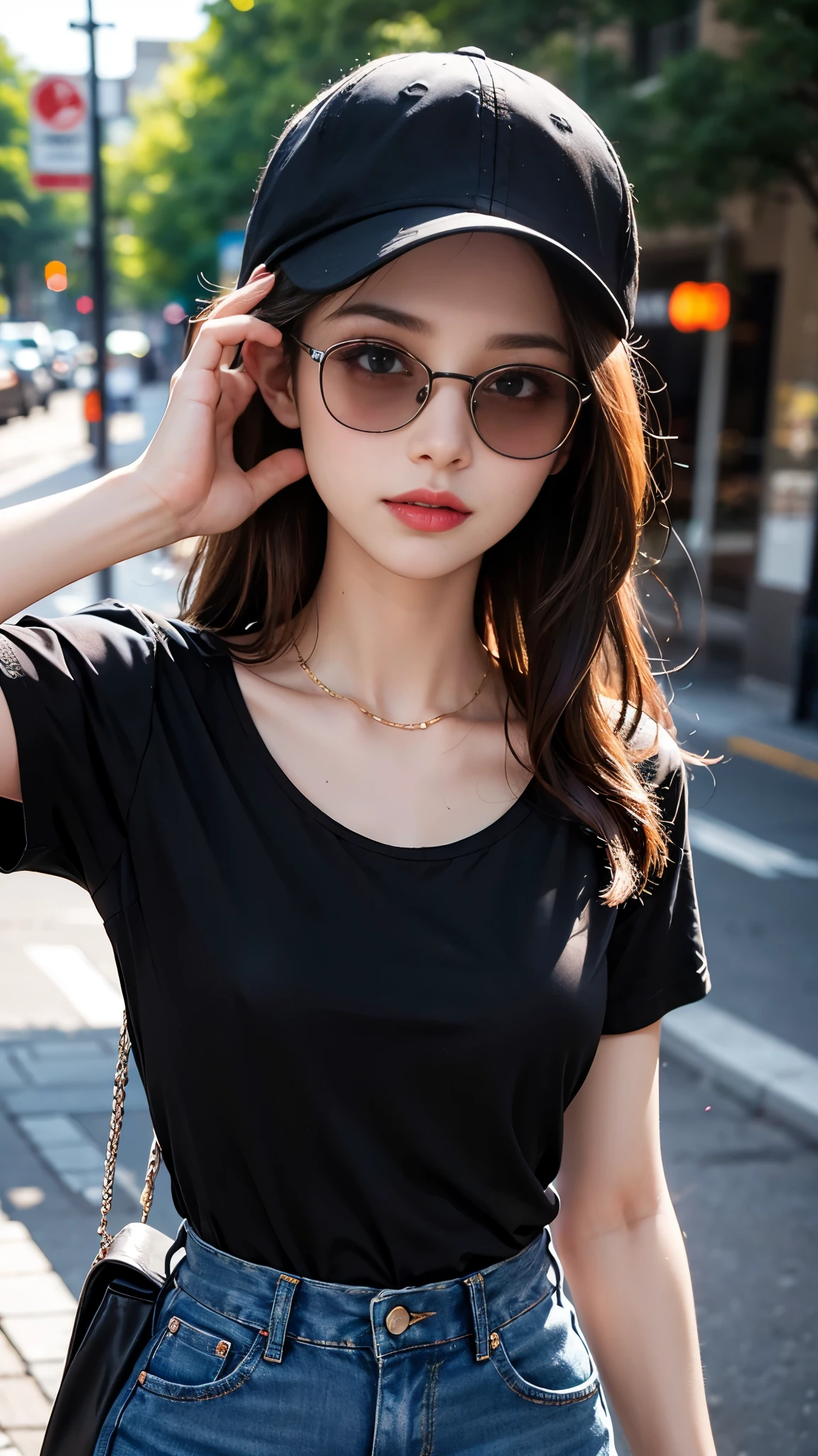 (best quality:1.2,4k ultra hd:1.2), a girl, beautiful face, full and glossy lips, long flowing hair, perfectly straightened, small breasts, (black t-shirt:1.5), (opened shirt:1), jeans, complete with a cap, sparkling sunglasses, capturing her character and charm, with a blurred background enhancing the relaxed atmosphere, showcasing her confidence and elegance, taking selfie,