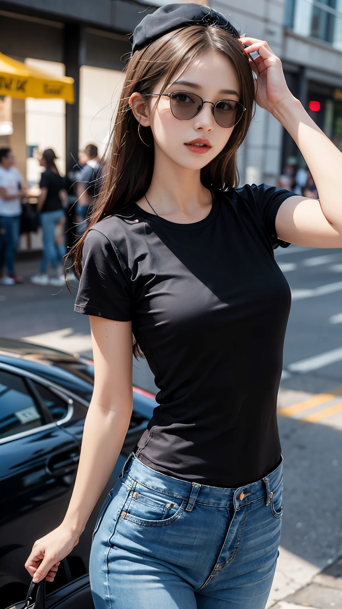 Wearing the sexiest black t-shirt and miniskirt in the world,Z Cup Big,Sculpture model attracts, (1girl in:1.3)、photos realistic、Photorealsitic:1.4 Official art、ultra-detailliert、Beautiful and aesthetic、Beautiful fece、​masterpiece、top-quality、Colossal tits、(barechested)、Beautiful skin、The cutest earrings in the world、Cute smileThe cutest gravure idol pose in the world、The most attractive body in the world、full body Esbian、Dimples、Laugh