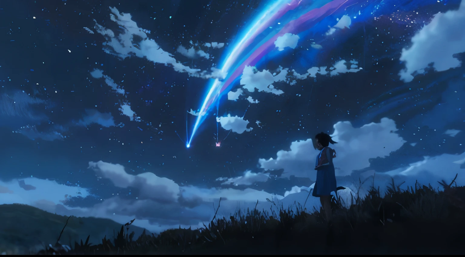 anime to real, a girl standing in a blue dress on a hill looking at a falling star , your name, your name movie style,