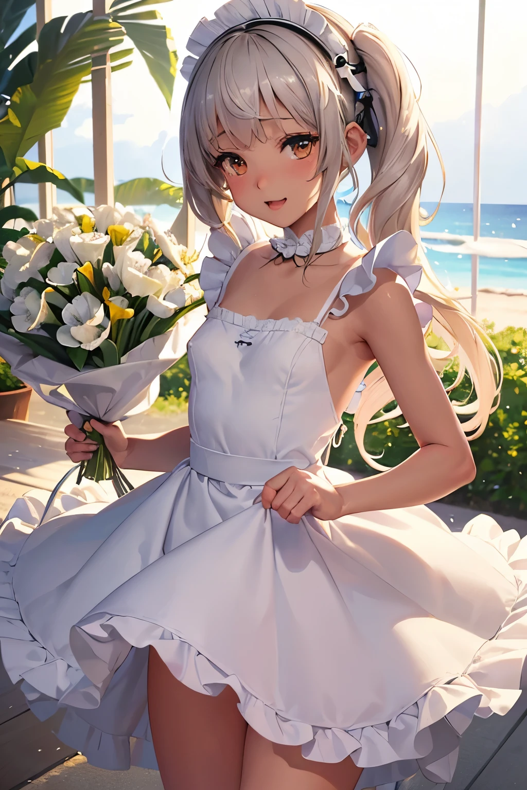 (((NSFW))),(masterpiece), (best quality), (ultra-detailed),(best shadow:0.4), (best illustration), (an extremely delicate and beautiful), photorealistic, dramatic lighting, finely detail, 1girl, solo, (shioi:1.5), (shioichan:1.5), the l word, radiant beach, detailed scenery, blue sky, white cloud, sunlight, diffraction spikes, walking, (white camisole:1.22), white skirt, (finely detailed iris), smile, :d, short ponytail, (dark skin:0.3), (tanlines:1.3), feet out of frame, holding bouquet, holding, dark brown eyes,((( petitegirl with blonde twin tail, colorful gosic maid dress))),