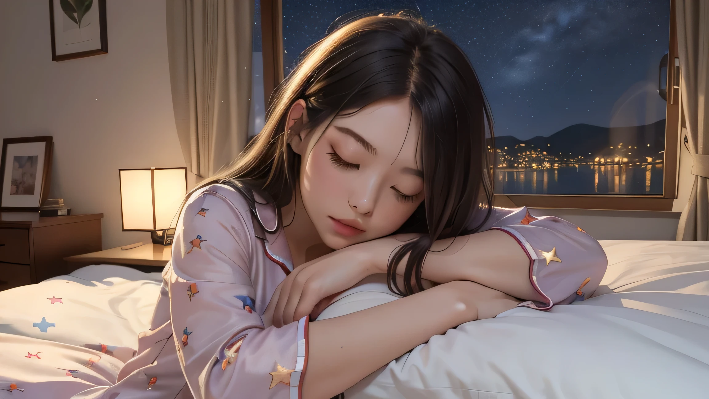 master piece,high quality,1 girl,wearing pajamas,Sleeping,on the bed,night sky reflected outside the window,starry sky,lights,soft lighting,complementary color,upward