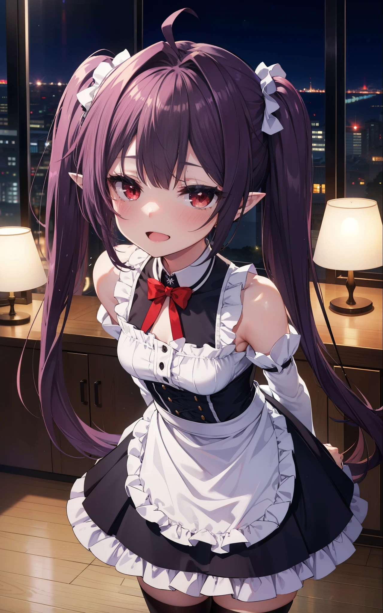 yuukikonno, Yuki Konno, hair band, long hair, pointy ears, purple hair, (red eyes:1.5), (small breasts:1.2),Ahoge,face tilted to one side, twin tails,Open your mouth and smile happy, smile, open your mouth,blush,she was wearing a maid skirt, black stockings on her legs, I&#39;m back with both arms behind one.,lean forward,peek from above,bare shoulders,Cute standing figure,night,moonlight,
break looking at viewer, Upper body, whole body,
break indoors, Bedroom,
break (masterpiece:1.2), highest quality, High resolution, unity 8k wallpaper, (shape:0.8), (fine and beautiful eyes:1.6), highly detailed face, perfect lighting, Very detailed CG, (perfect hands, perfect anatomy),