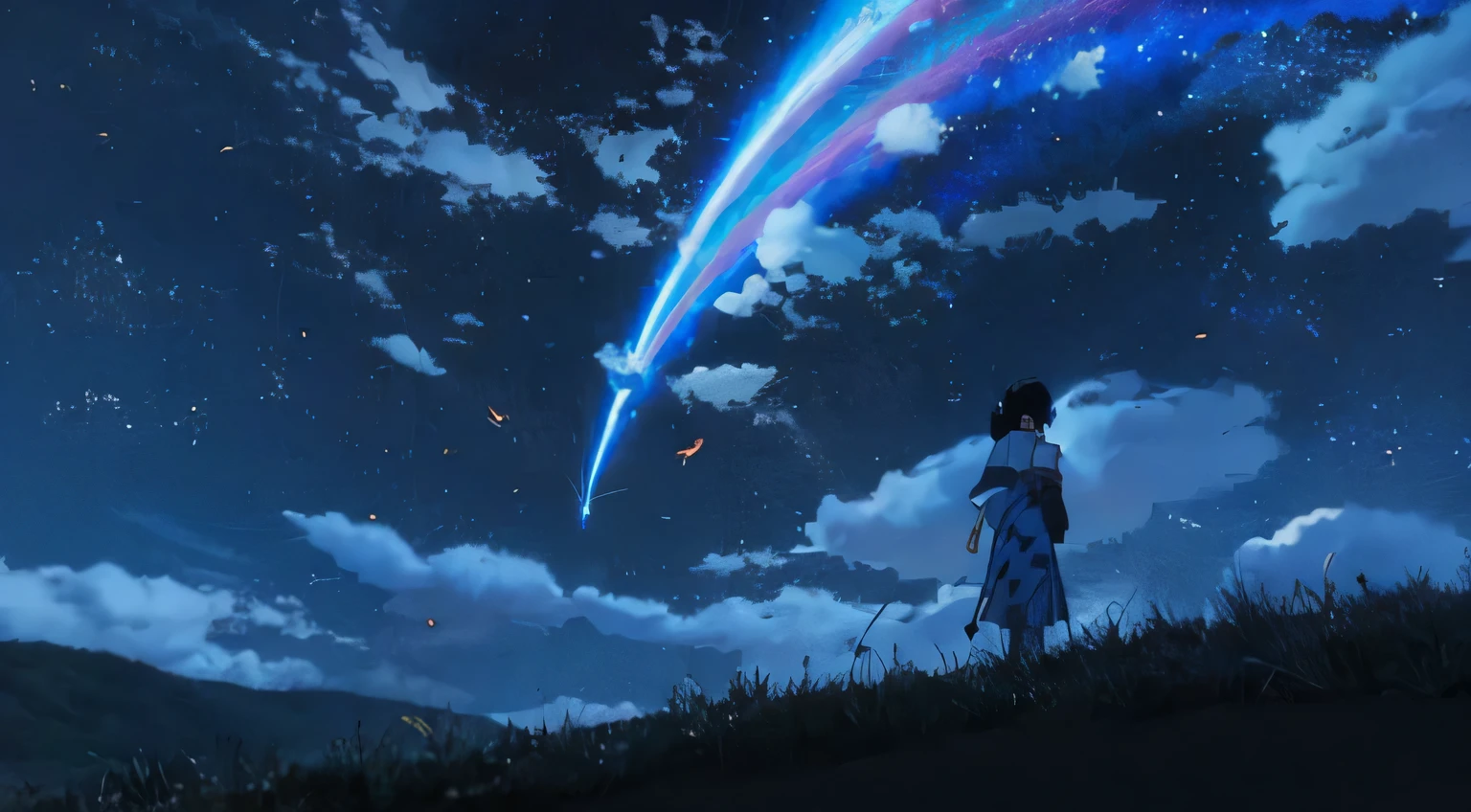 anime to real, a girl standing in a blue dress on a hill looking at a falling star , your name, your name movie style, 