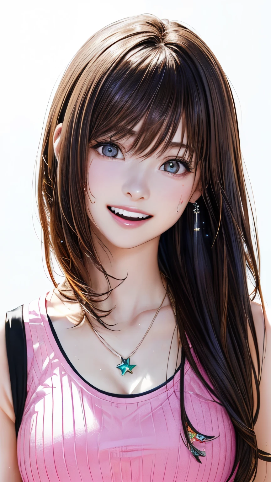 (highest quality、8K、32k、masterpiece)、(realistic)、(Photoreal:1.2)、(High resolution)、Super detailed、very beautiful face and eyes、1 girl、round and small face、thin waist、delicate body、(close、highest quality、high detail、Rich skin details)、(highest quality、8K、oil paint:1.2)、Super detailed、(realistic、realistic:1.37)、bright colors、(((brown hair)))、(((bust shot)))、(((long hair)))、(((pure white wall background)))、(((pure white wall background)))、(((I&#39;m a diva)))、(((singing passionately)))、(((I&#39;m smiling)))、(((wearing a sparkly tank top)))、(((looking straight ahead)))、(((brown hair)))、(((sweating)))、(((I have a microphone)))、(((teeth visible)))、(((Black and pink tank top shines)))、(((I&#39;m wearing a dolphin necklace)))