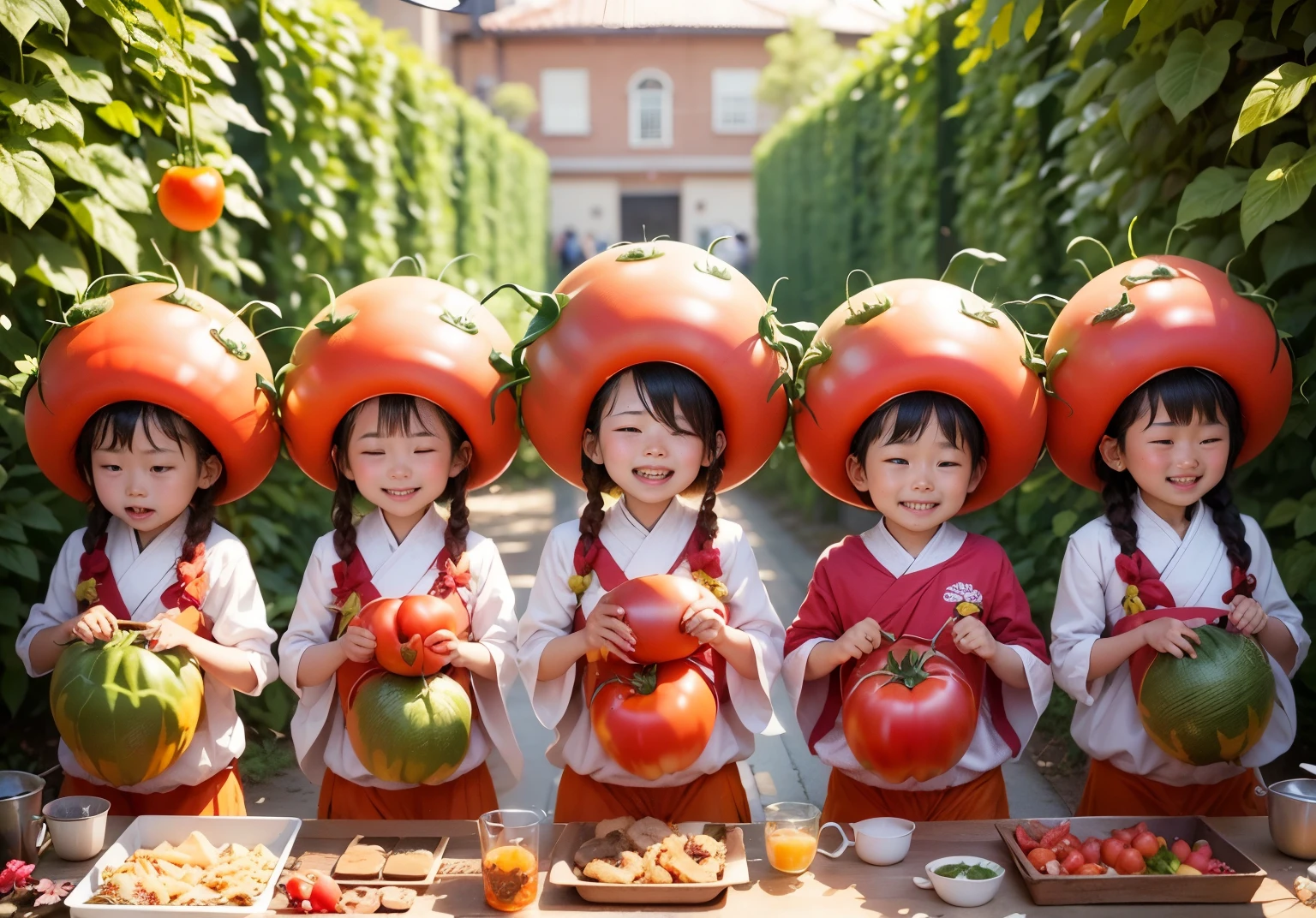 there are four  wearing tomato on their heads, tomato怪物, tomato, 🍁 Lovely, 森林阿甘tomato体, Lovely and funny, very Lovely and childlike, cute appearance!!!, Lovely and lovely, Lovely photograph, lovely and Lovely, by Wen Zhenheng, human baby, red cheek ❤🔥🍄🌪, 還有tomato