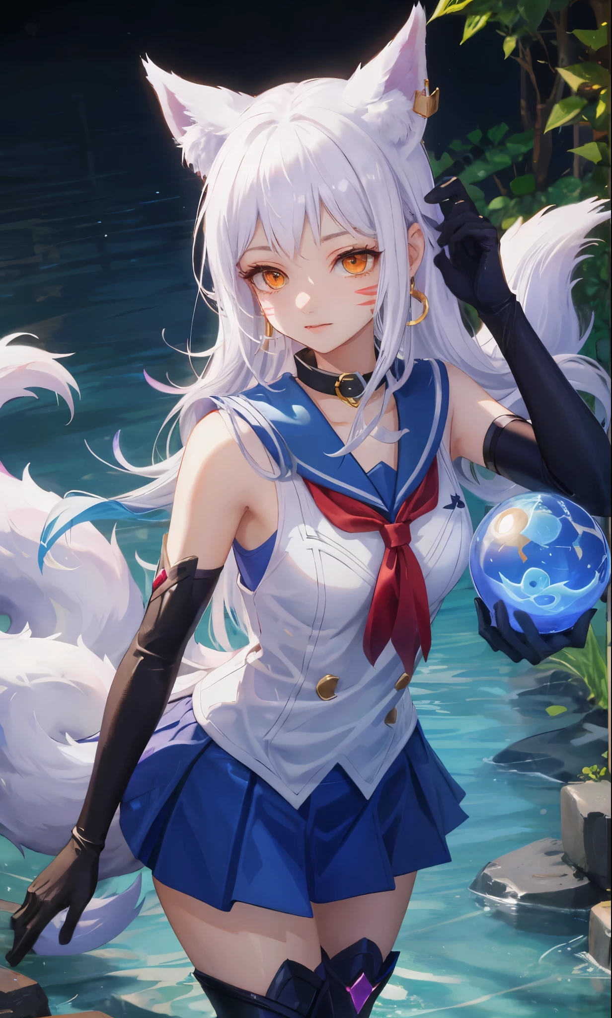 masterpiece, best quality, high resolution, More 1, crown, Sailor Senji, Blue sailor collar, bow, knee high boots, collar, White gloves, blue collar, elbow gloves, jewelry, earrings, blue skirt, Cowboy shooting, sphere, crystal ball, 1girl water yushu water,Ahri, Ahri \(League of Legends\), k/and \(League of Legends\), bloom \(League of Legends\)，Animal ears, facial markings, fox ears, fox Tail, orange eyes, multiple Tails, Tail