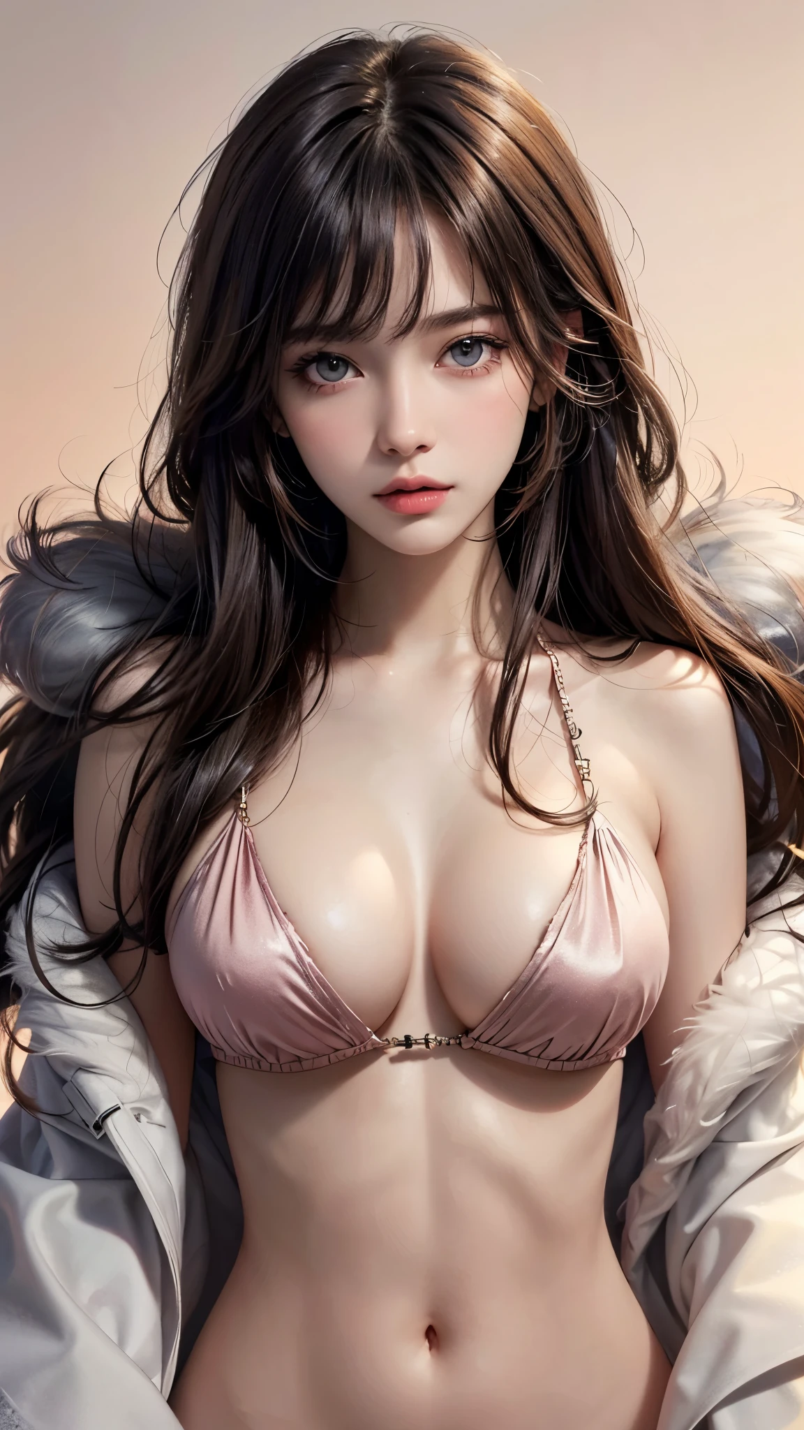 (UHD, retina, masterpiece, accurate, anatomically_correct, textured_skin, super_detail, high_details, high_quality, best_quality, high_res, 1080P, HD, 4K, 8k, 16k), (beautiful_detailed_eyes, beautiful_detailed_lips, extremely_detailed_eyes_and_face), soft_lighting, physically-based_rendering, vivid_colors, (large_breasts, glamorous_body:1.5), (shiny_hair, shiny_skin, tanned_skin, blush), (bangs:1.5), eye_reflection, (bokeh, simple_background), (fur:1.5),