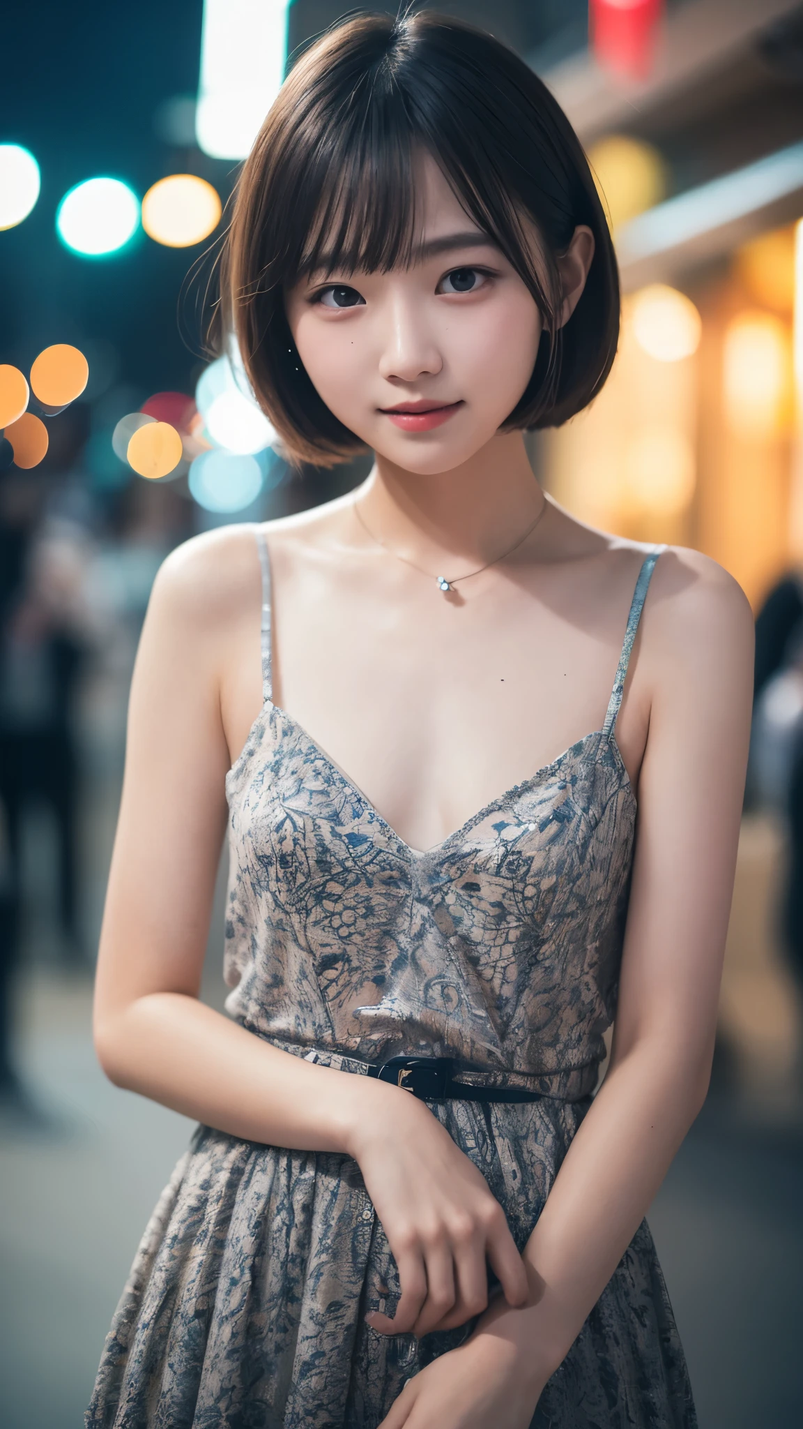 masterpiece, highest quality, 8K, 10 years old, teen uncensored, Raw photo, absurd, award-winning portraits, alone, night, neon light, idol face, violaces, gardenia, delicate girl, Upper body, Digital single-lens reflex camera, view viewer, Frank, Sophisticated, like々New, smile, thin arms, professional lighting, film grain, color difference, shortcut,double eyelid,thin neck,(small eyes and face:1.0), (Bokeh:1.1),revealing clothes,