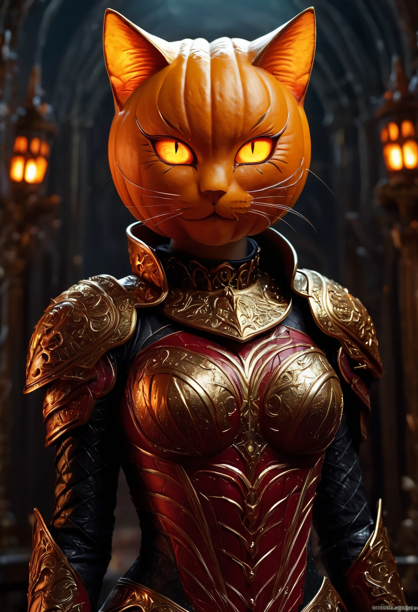 (masterpiece, top quality, best quality, official art, Beautiful and beautiful:1.2),（Pumpkin head） cat eye,1 girl, alone, dynamic poses，(stunning eyes), armor, magic, light particles, Upper body, extremely fine details, highest detail, light mixing, Playful patterns, Lively texture, Unique visual effects, ((dark fantasy)), (Nipples are darker:1.3), Ominous energy, terrible horror, ((intricate details)), (deep red)