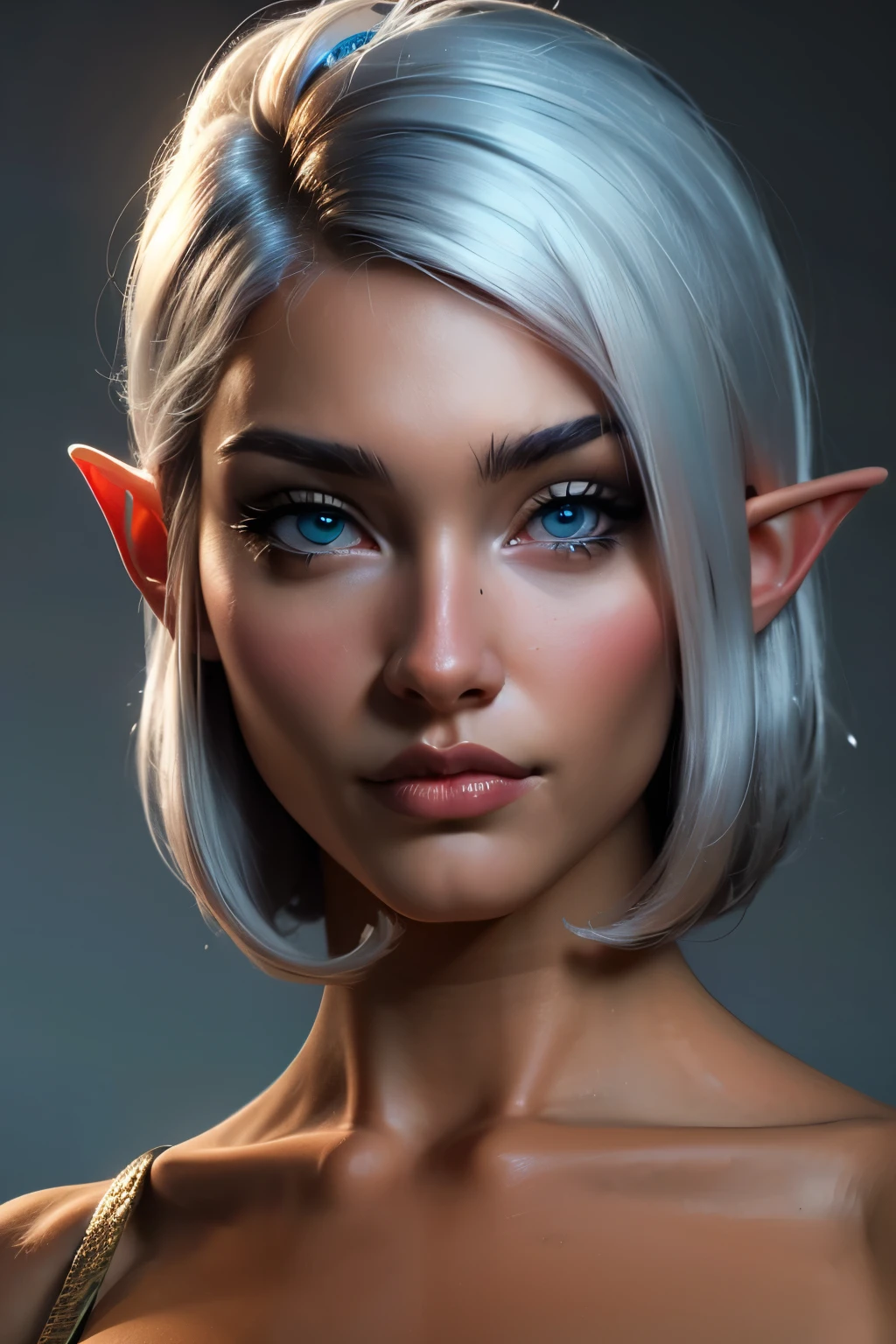 beautiful portait of nigth elf female in her 20s with fit body , perfect face feature , (blunt bob hair :1.2), (silver hair color :1.3), (blue eyes color :1.1), thick kissable lips , thin nose ,pointy ears,