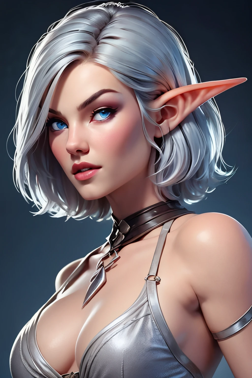 beautiful portait of nigth elf female in her 20s with fit body , perfect face feature , (blunt bob short hair), (silver hair color), (blue eyes color), thick kissable lips , thin nose ,pointy ears,