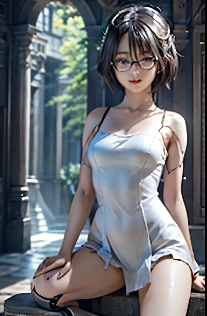 A Female robot is sleeping in forest, spread legs, nude, banzai pose. she does not wear any dress. She has black short hair. She lifts up the under hem of her white plain dress, leaning over, masterpiece, mature, android, blue eyes, full body figure, Height: 160cm, flushed cheeks, 2020s anime picture, A beautiful female robot , No NSFW, whole body, barefoot, archaic smile, getting orgasm, 25 years old, sweat bucket. She wears silver metal flamed glasses. 
She can move while doing a handstand.