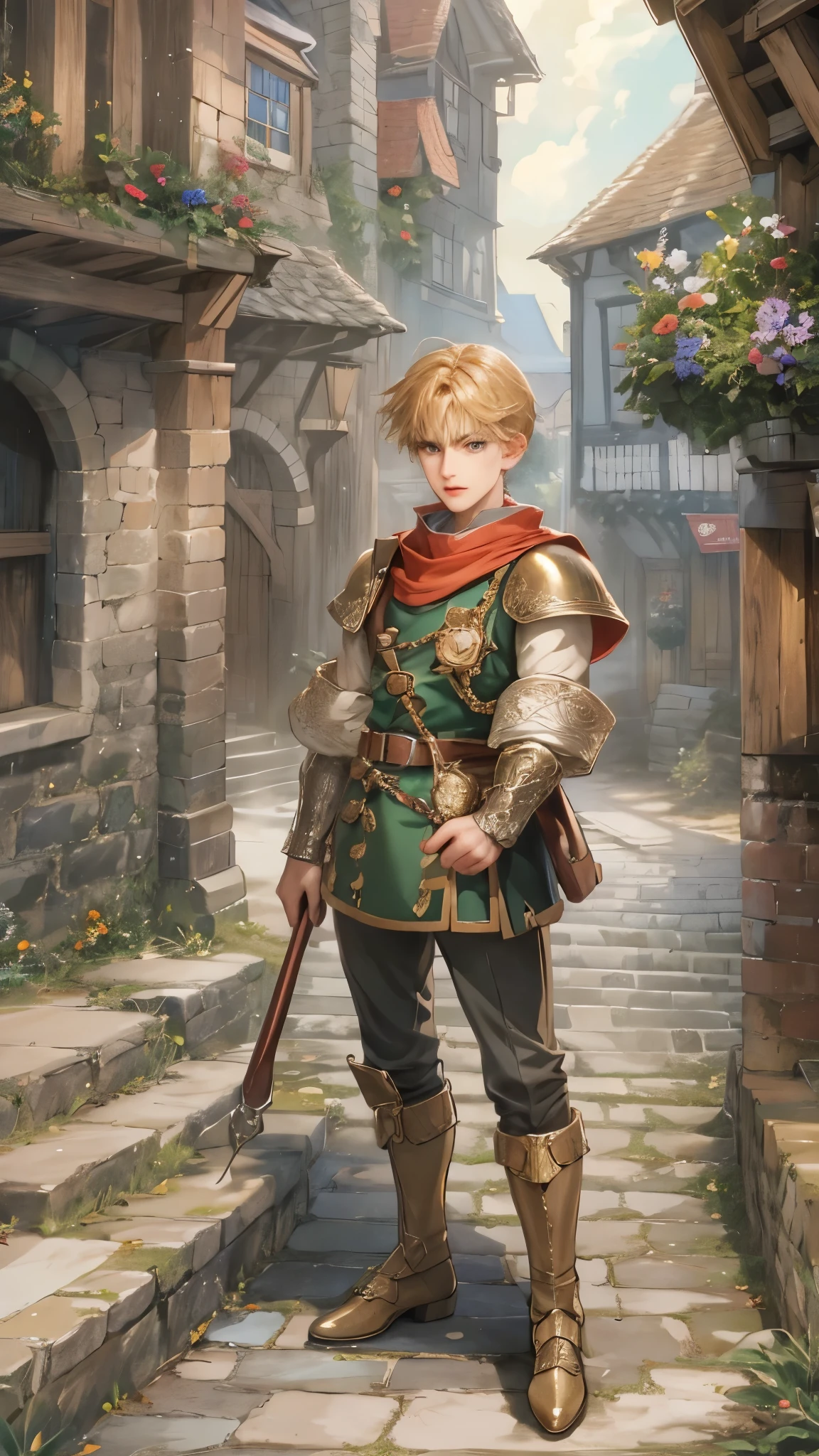 (masterpiece,best quality,ultra_detailed,highres,absurdres),1boy, perfect face, handsome, shorthair, character from gba game shining force, detailed scenery of town england style, detailed character