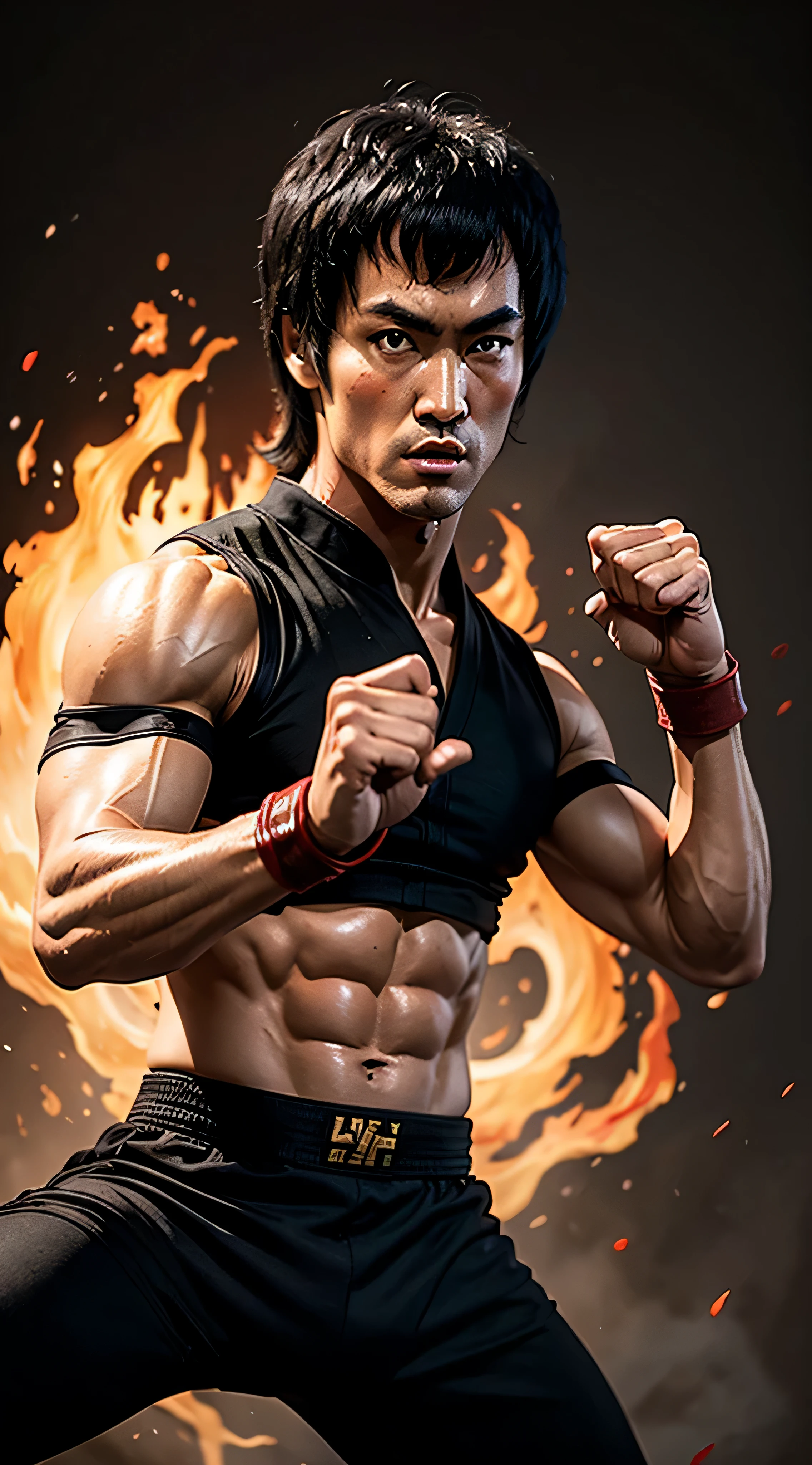 actor ((Bruce Lee)) as Liu Kang, Mortal Kombat, red headband, black pants with red stripes, fire on background, intricate, high detail, sharp focus, dramatic, photorealistic painting art by greg rutkowski