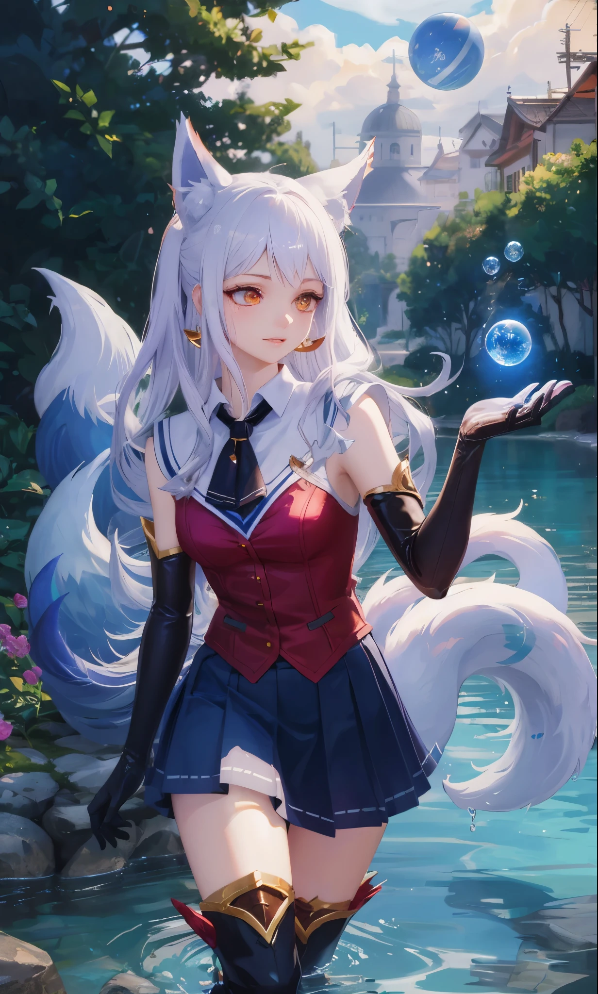 masterpiece, best quality, high resolution, More 1, crown, Sailor Senji, Blue sailor collar, bow, knee high boots, collar, White gloves, blue collar, elbow gloves, jewelry, earrings, blue skirt, Cowboy shooting, sphere, crystal ball, 1girl water yushu water,Ahri, Ahri \(League of Legends\), k/and \(League of Legends\), bloom \(League of Legends\)，Animal ears, facial markings, fox ears, fox Tail, orange eyes, multiple Tails, Tail