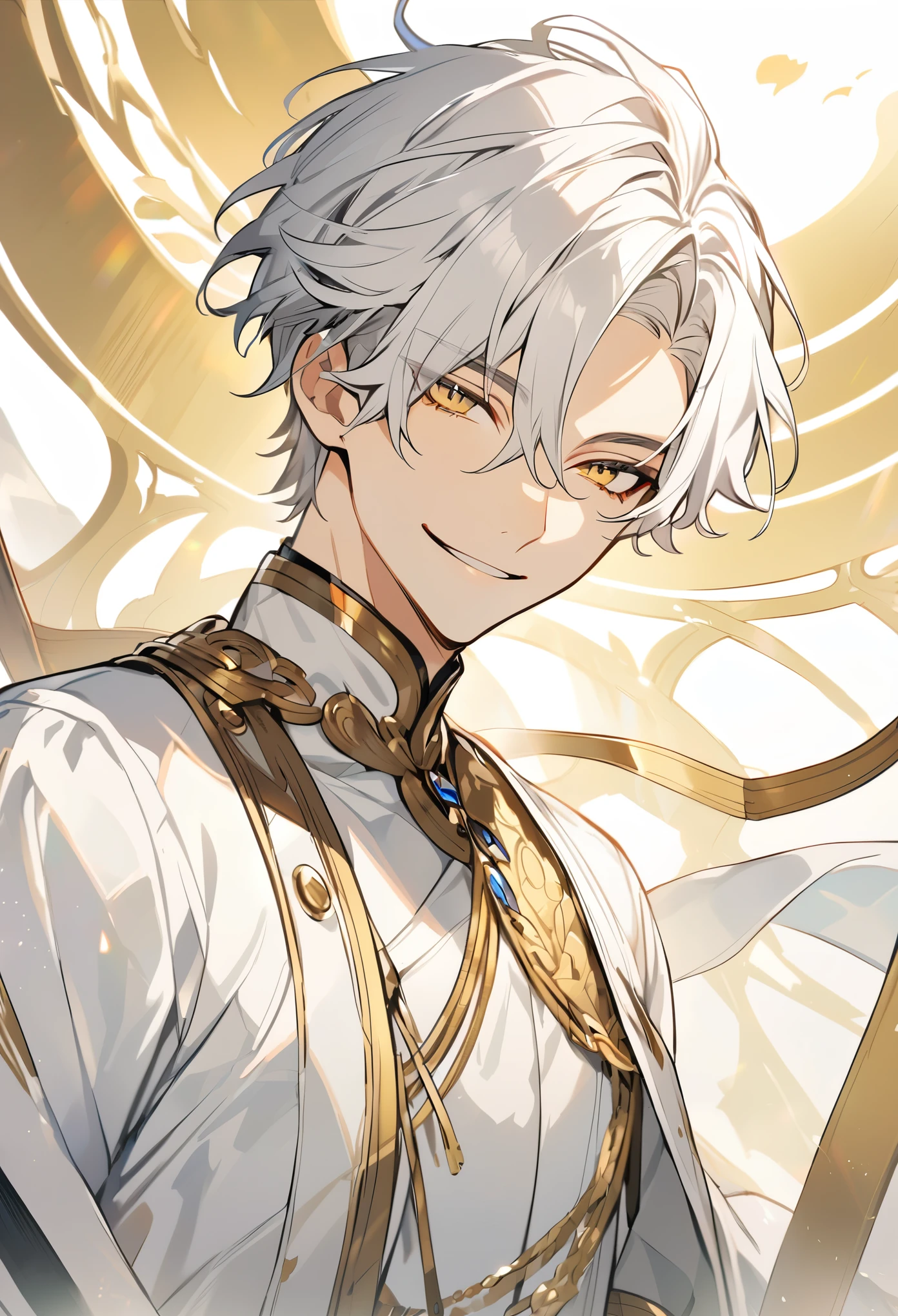 Handsome, solo, 1 male, short hair, gold eyes, white hair, white clothes, smile facial