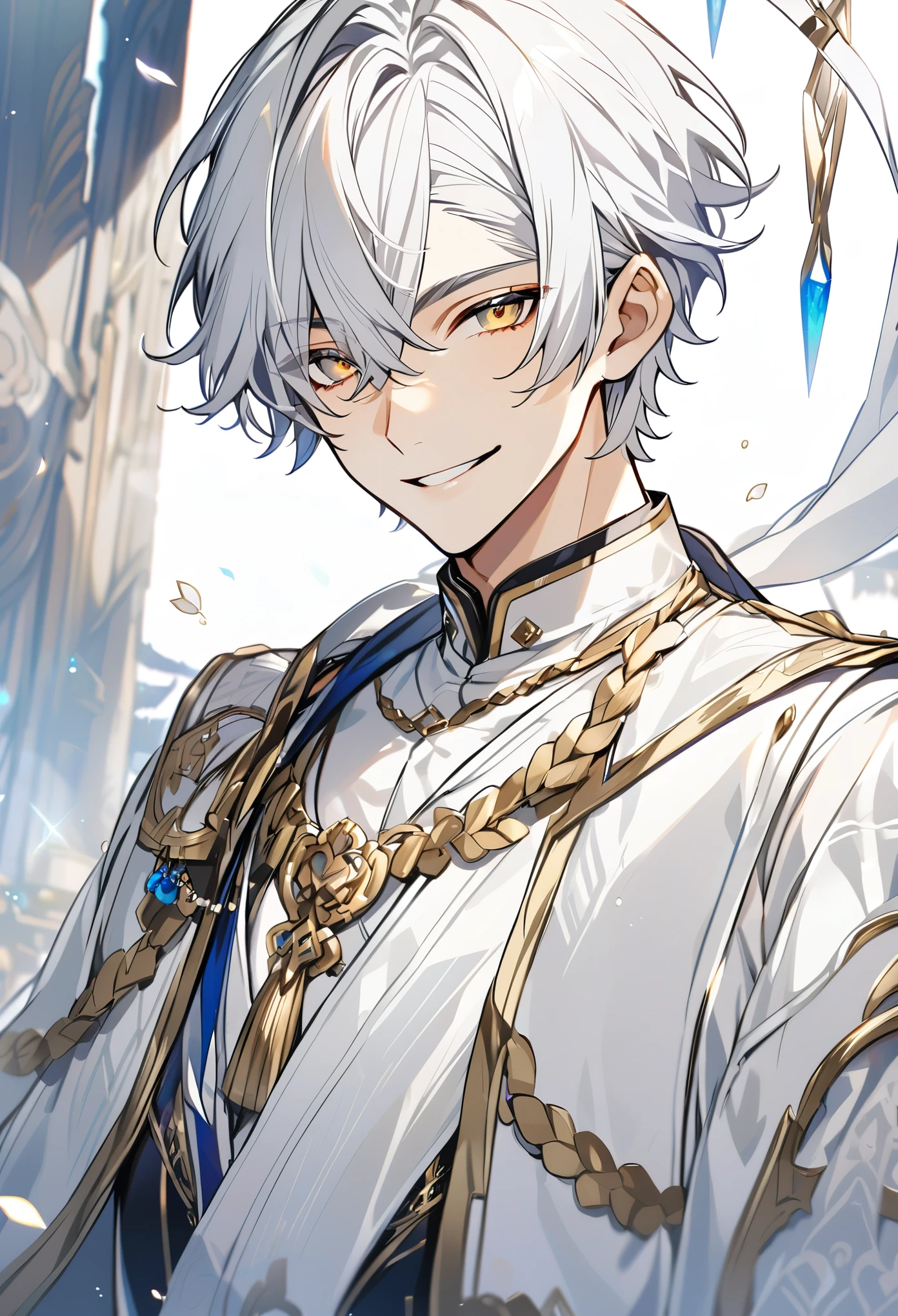 Handsome, solo, 1 male, short hair, gold eyes, white hair, white clothes, smile facial