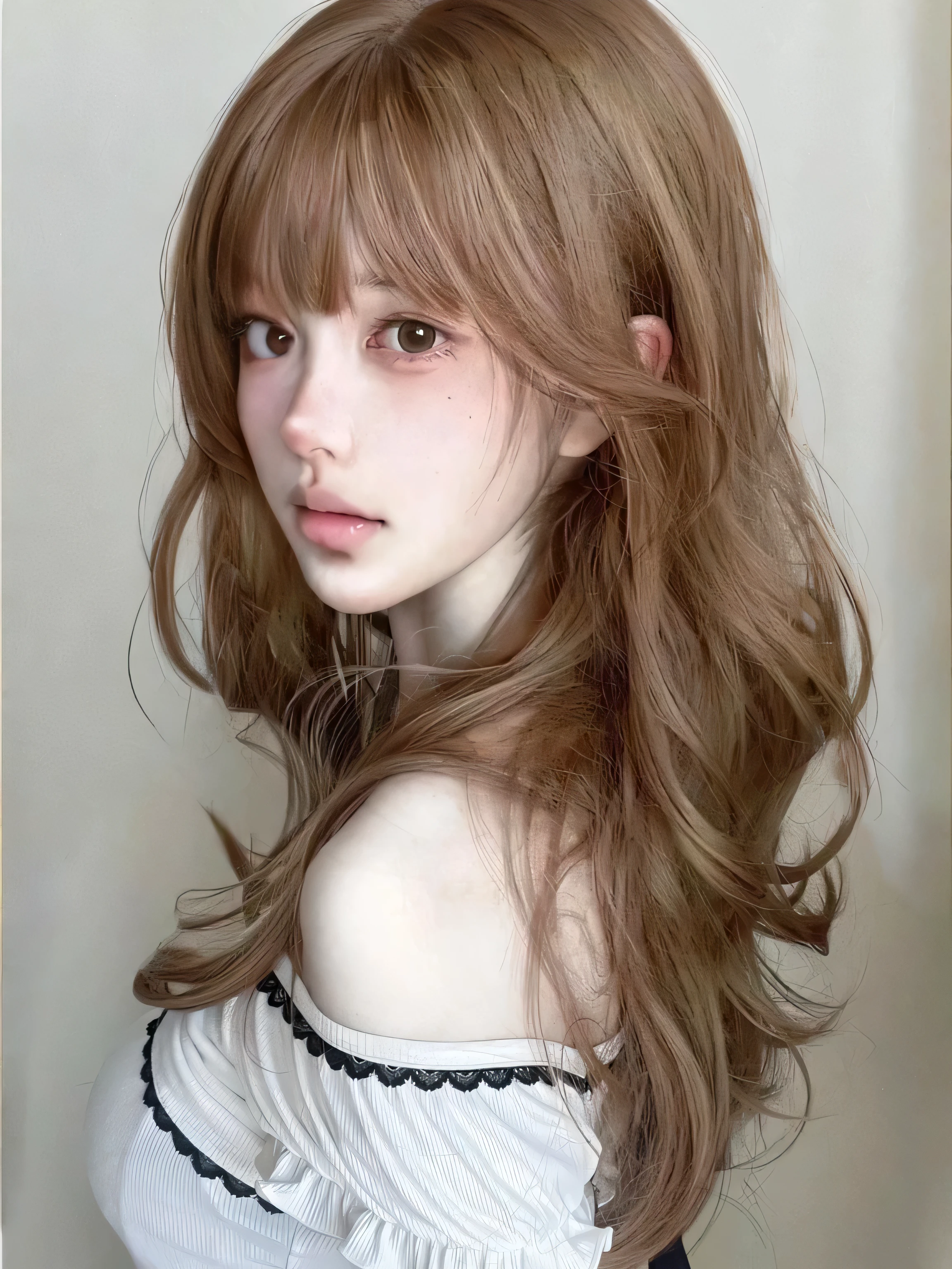 Mujer arafed con cabello largo y top blanco posando para una foto., el corte de hime, Pelo suave, pelo largo con flequillo, long wavy light brown hair, ulzzang, brown bangs, cabello limpio con flequillo, flequillo esponjoso, pelo largo con flequillo completo, flequillo y cabello ondulado, neat light brown hair, peinado kawaii, brown pelo largo con flequillo