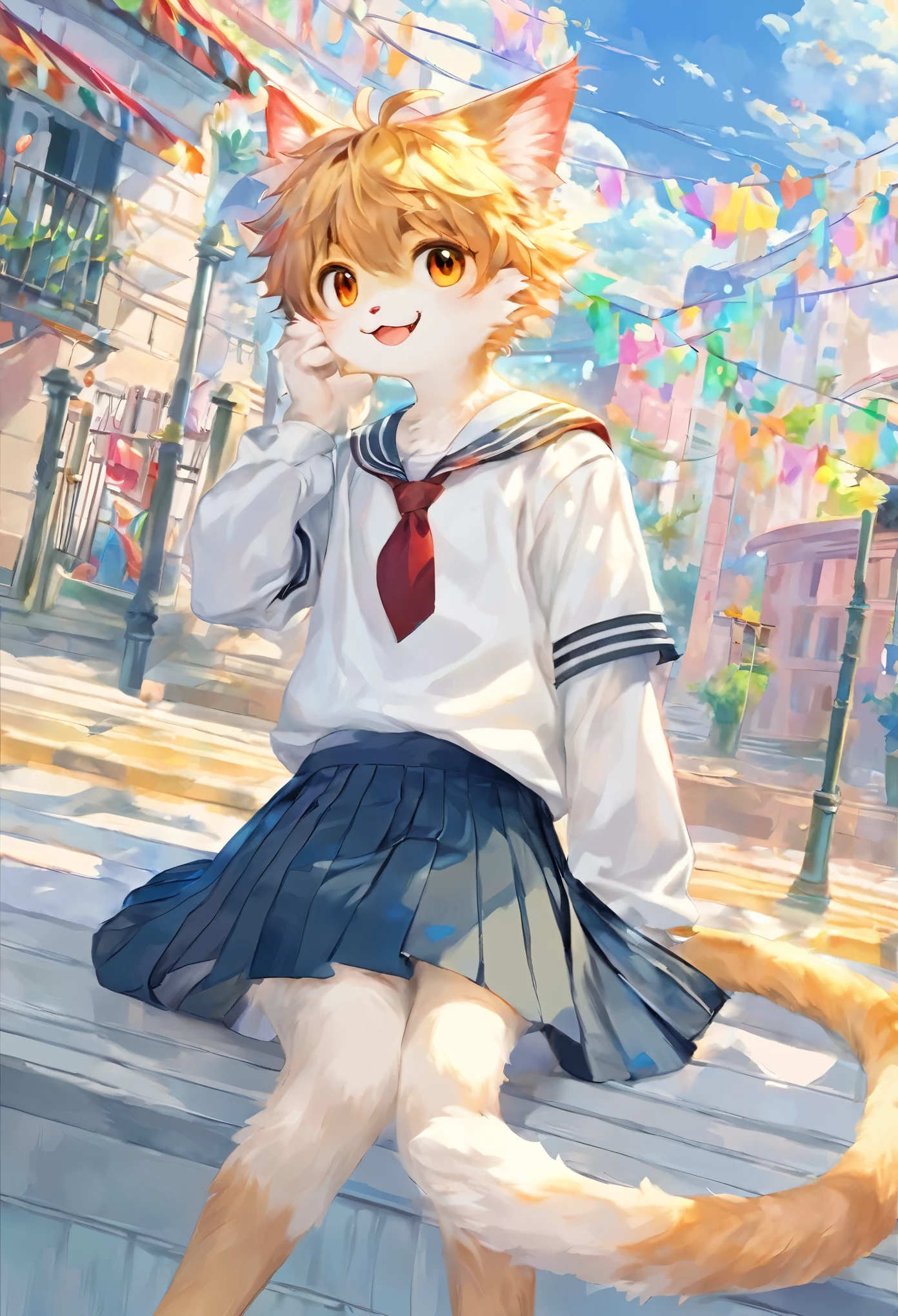 Cat:1 boy:************:high school uniform:school uniform,cute,masterpiece,rich colors,highest quality,official art,fantasy,colorful,Happy,smile,最高にcuteCat,fluffy,I&#39;m looking forward to,happiness,nice background,stylish cityscape,fun outing,fun waiting time,Sparkling,beautiful light and shadow,cool,Handsome guy,draw with thick lines,politely,blurred background,An illustration,fancy,