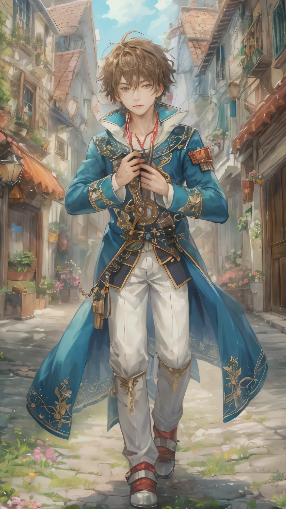 (absurdres, highres, ultra detailed, HDR), masterpiece, intricate, best quality, portrait of a character from "Tales of cCrestoria", a male minstrel in a detailed scenery town background 