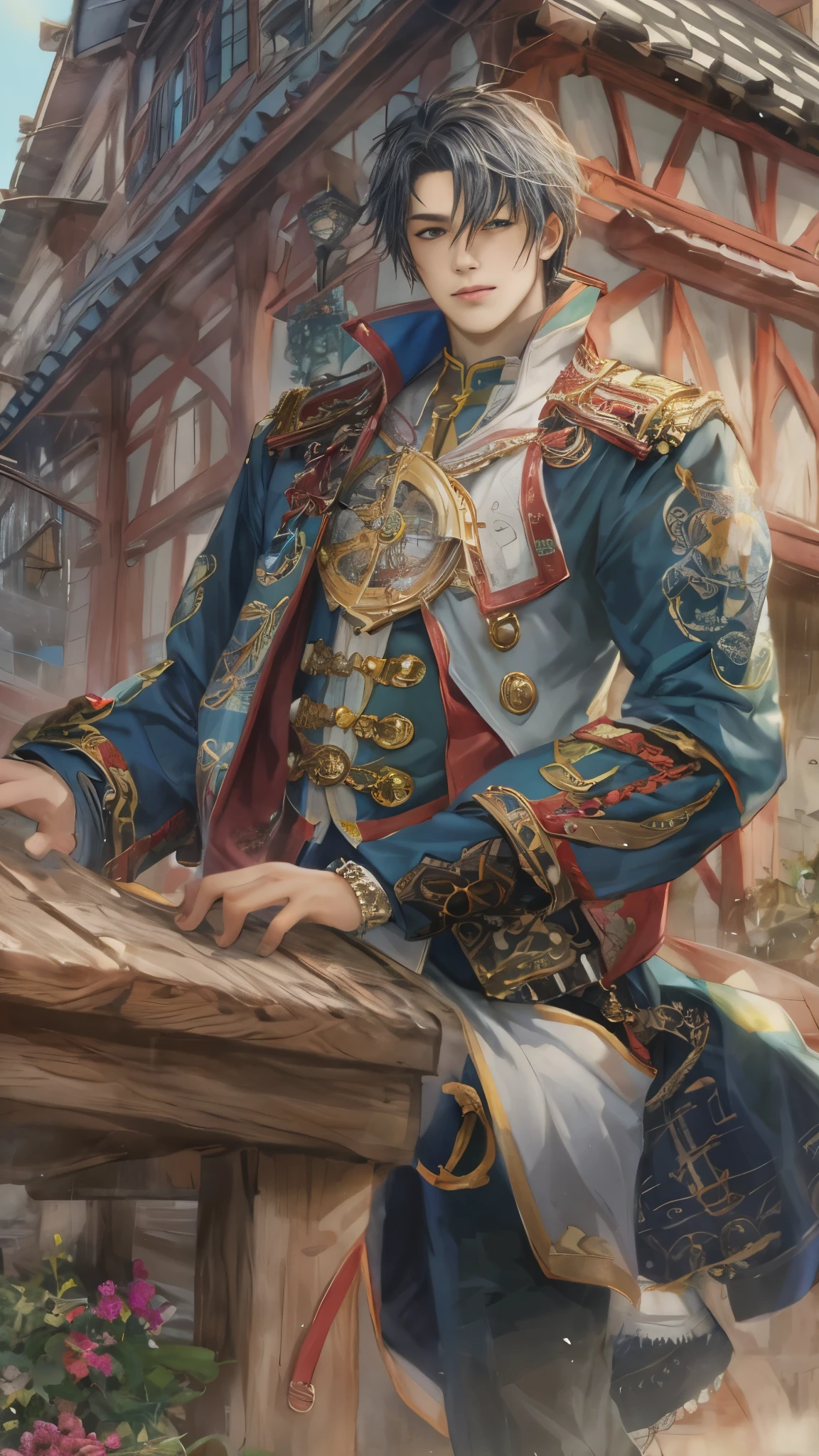 (absurdres, highres, ultra detailed, HDR), masterpiece, intricate, best quality, portrait of a character from "Tales of cCrestoria", a male minstrel in a detailed scenery town background 