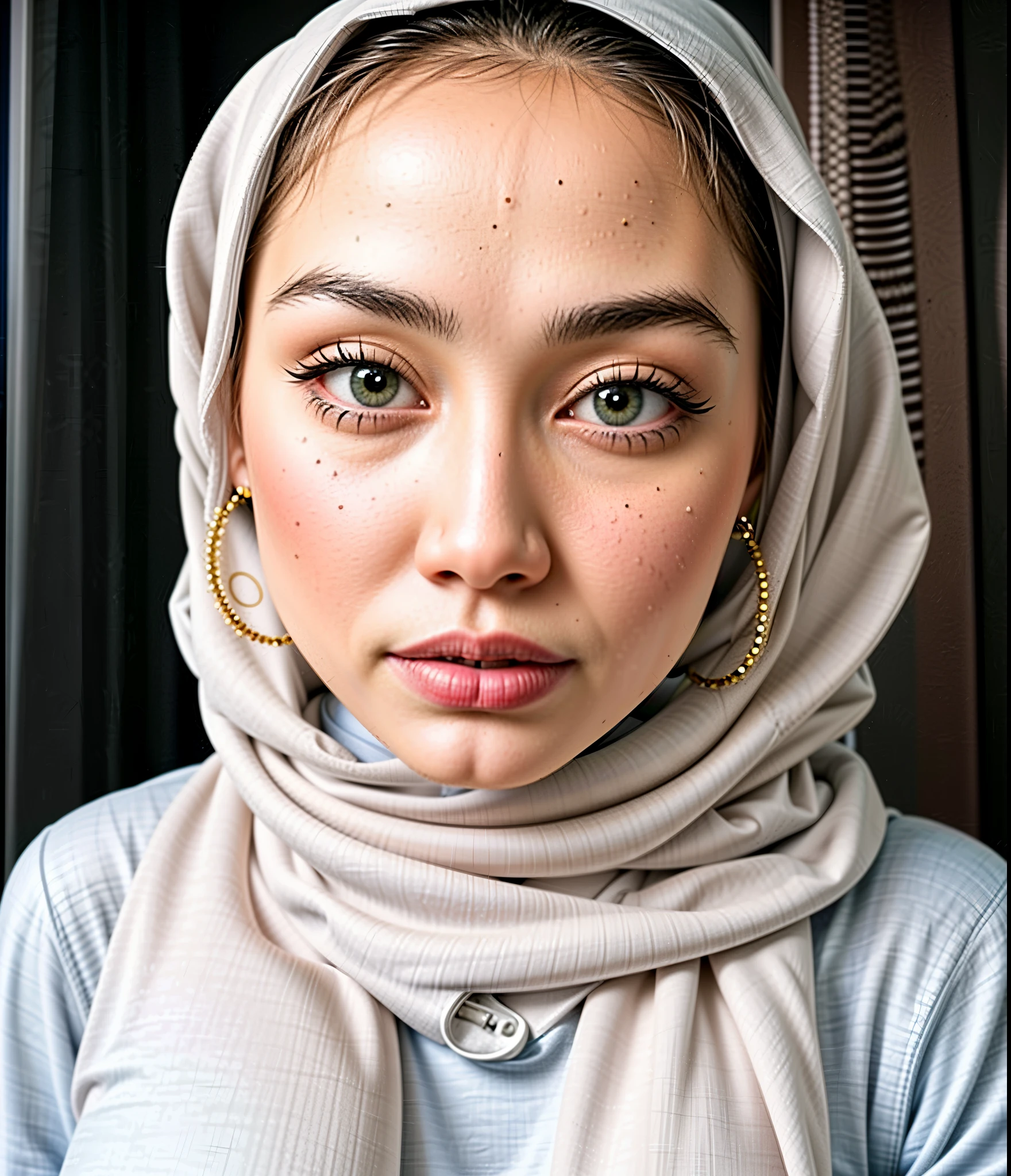 masterpiece, (ultra-high-definition portrait, vignet:1.4), Realistic, extremely detailed, CG unified, 8k, Clean lines, highly detailed, High-definition, raw color photos, Realistic portrait, Cinematic Light, Beautiful detailed, (1hijabgirl, indonesian:1.5), (165cm tall, big breasts with lips like she wants to kiss:1.5), Beautiful big breasts, breasts details, very tight, (Biggorgeous breast, Angry Face:1.5), (Angry Face, Big Breast:1.4), Close up of a girl in Beautiful clothes with errected nipple, biggorgeous breast, Soft smile, scarf, (Bombastic Side Eyes with curvaceous body:2), pose 4 of 1 6, Undress, No bra, (nipples that are clearly sticking out detail:1.2), Outdoors, high intricate detailed.