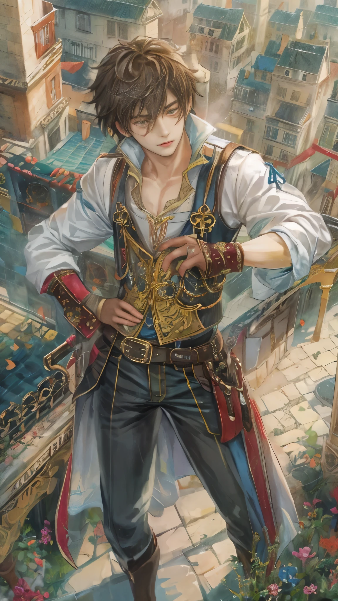 (absurdres, highres, ultra detailed, HDR), masterpiece, intricate, best quality, portrait of a character from "Tales of cCrestoria", a male minstrel in a detailed scenery town background 