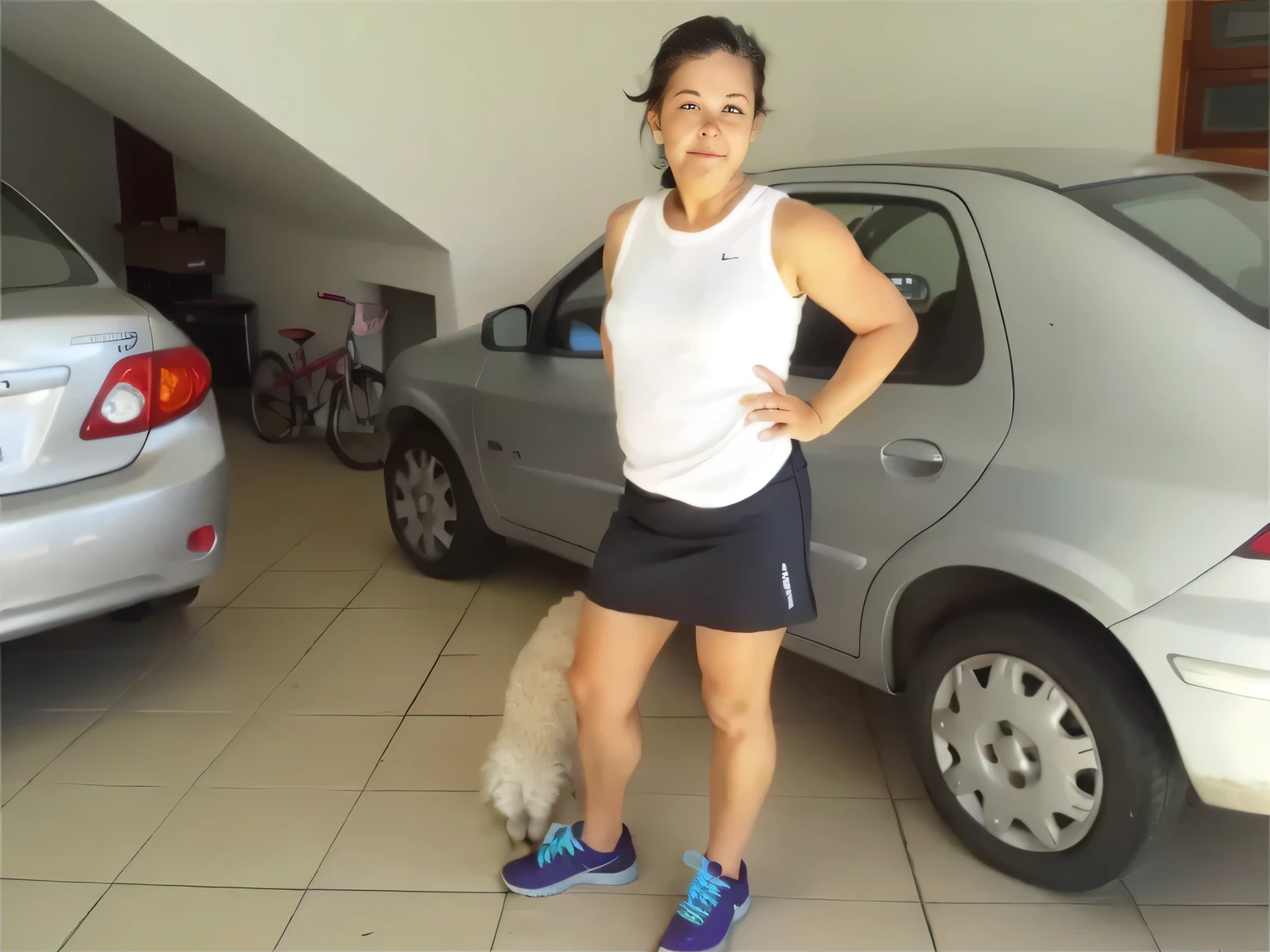there is a woman standing in front of a car with a dog, sporty, fit pic, fit, pilar, wearing fitness gear, foto realista, sport, 5 brazilian mother,