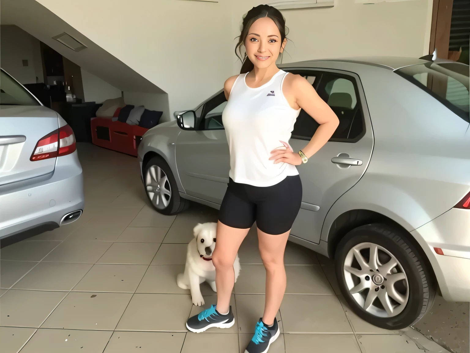 there is a woman standing in front of a car with a dog, sporty, fit pic, fit, pilar, wearing fitness gear, foto realista, sport, 5 year brazilian mother,
