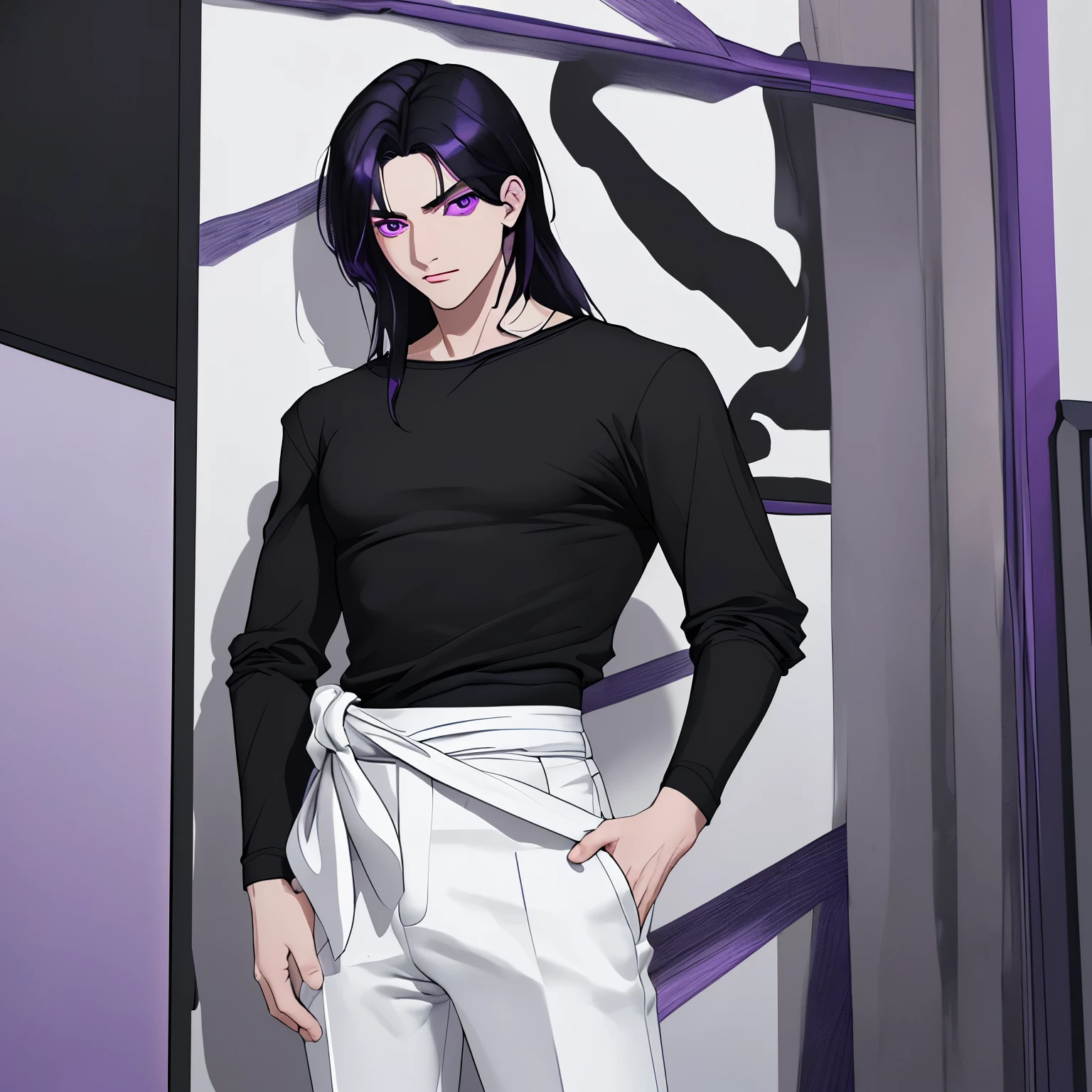 The man with purple eyes and black hair wore a black shirt and white trousers with a black strap around his waist