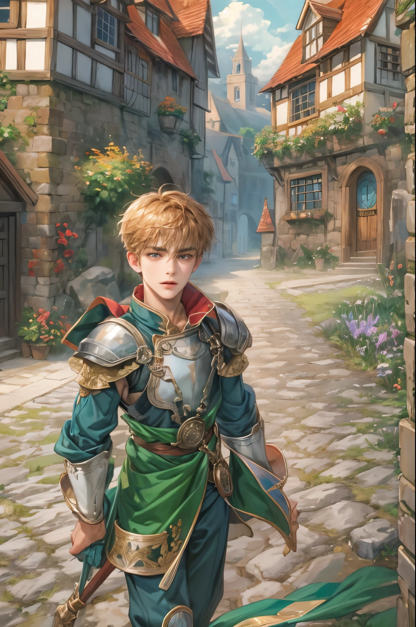 (masterpiece,best quality,ultra_detailed,highres,absurdres),1boy, perfect face, handsome, shorthair, character from gba game shining force, detailed scenery of town england style, detailed character