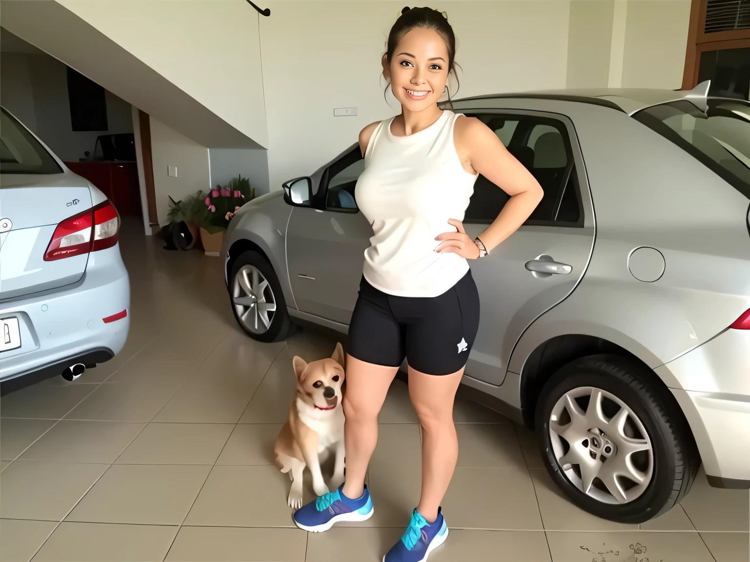 there is a woman standing in front of a car with a dog, sporty, fit pic, fit, pilar, wearing fitness gear, foto realista, sport, 5 year brazilian mother,