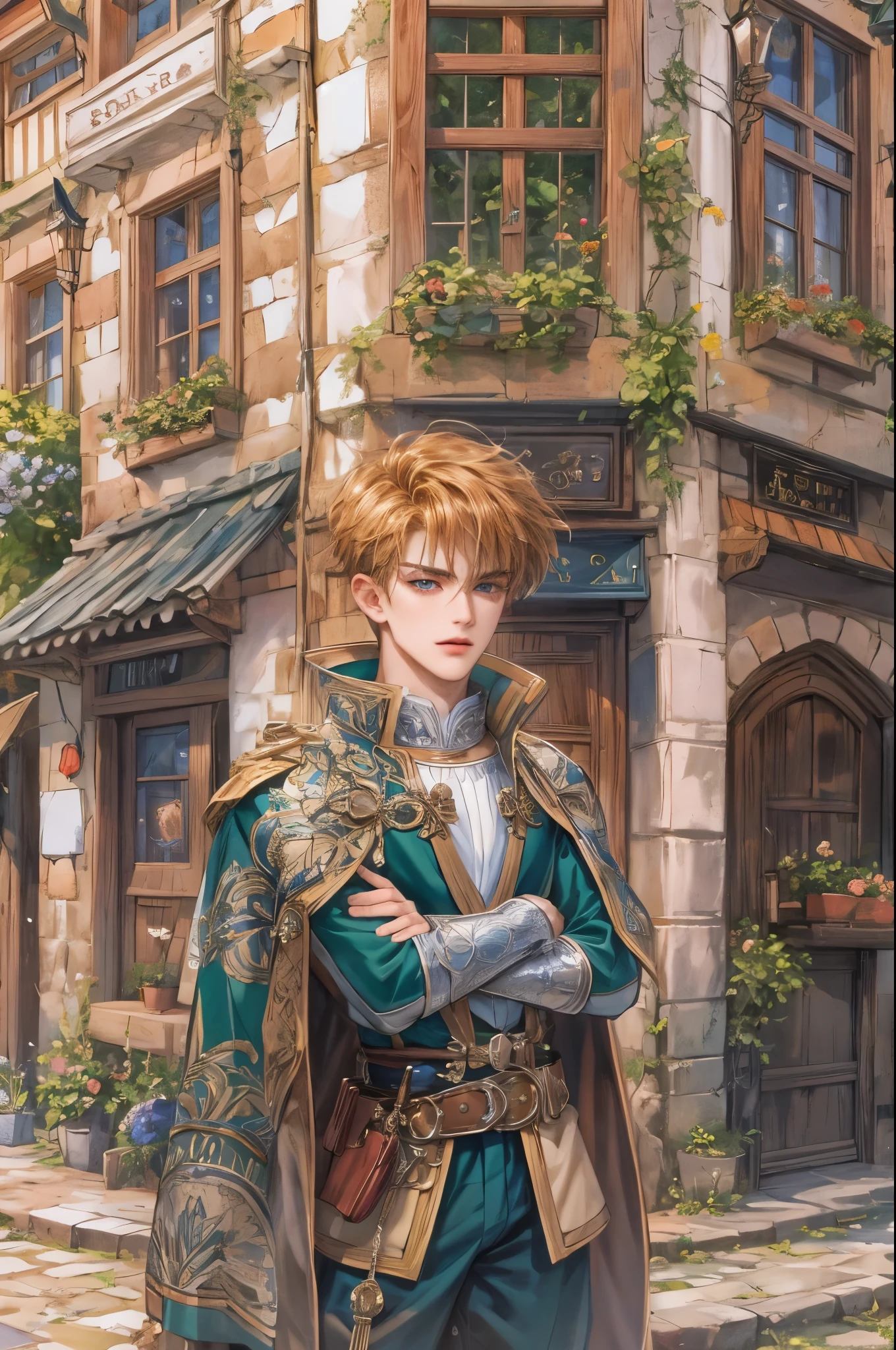 (masterpiece,best quality,ultra_detailed,highres,absurdres),1boy, perfect face, handsome, shorthair, character from gba game shining force, detailed scenery of town england style, detailed character 