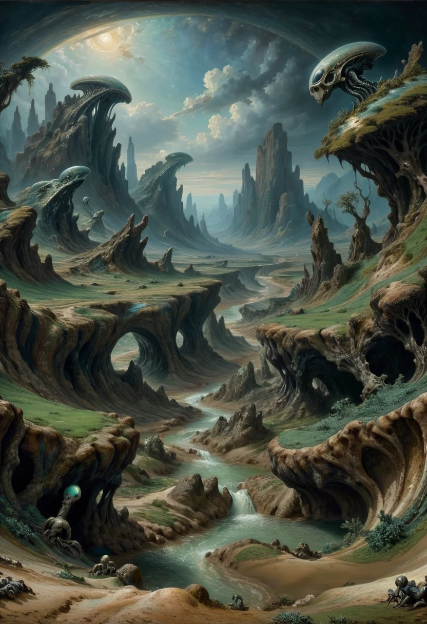Alien Landscape, by Gustave Courbet, best quality, masterpiece, very aesthetic, perfect composition, intricate details, ultra-detailed