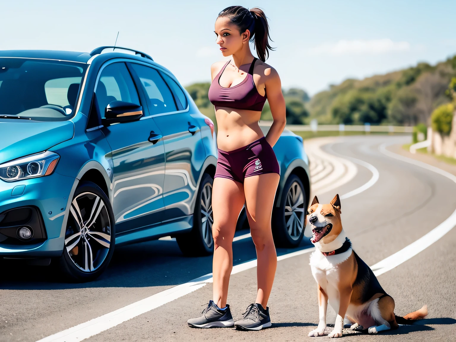 there is a woman standing in front of a car with a dog, sporty, fit pic, fit, pilar, wearing fitness gear, foto realista, sport, 5 brazilian mother,