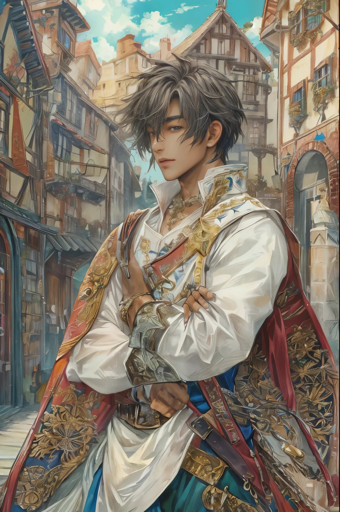 (absurdres, highres, ultra detailed, HDR), masterpiece, intricate, best quality, portrait of a character from "Tales of Crestoria", a male minstrel in a detailed scenery town background 