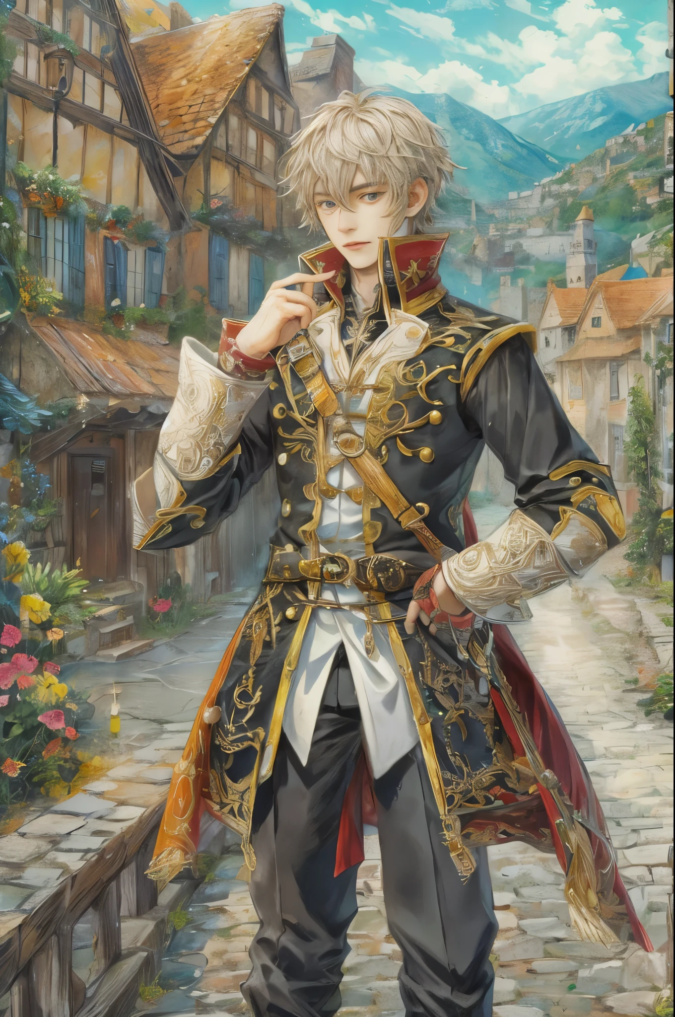 (absurdres, highres, ultra detailed, HDR), masterpiece, intricate, best quality, portrait of a character from "Tales of Crestoria", a male minstrel in a detailed scenery town background 