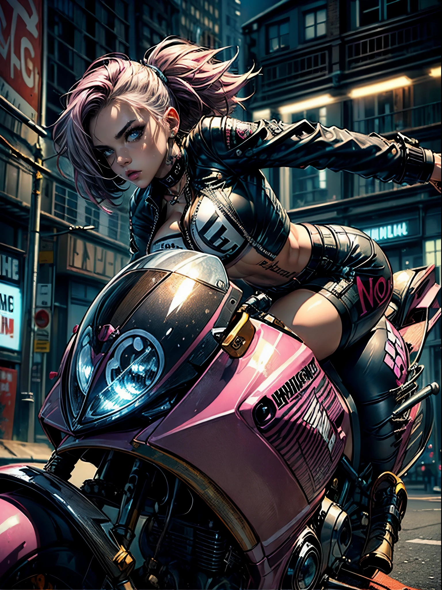(((top quality: 1.4))),(A masterpiece like no other in history), (ultra high resolution),(Ultra-realistic 8k CG), official art、 (((adult body))), (((1 girl))), ((( bob short hair ))), punk girl with perfect body, jacket with metal spine,Beautiful and well-shaped face,,elaborate punk fashion,leather jacket, (Image from head to thighs),((Pink bob short hair )), ((small leather panties:1.0)), Simon Bisley's urban and brutal style,Detailed street background of London,beautiful abs, Complex graphics, Dark pink with white stars and gray and white stripes,(riding a vintage motorcycle:1.5) (( Lots of poisonous tattoos )), earrings,(dynamic pose,Low - Angle:1.5)、
