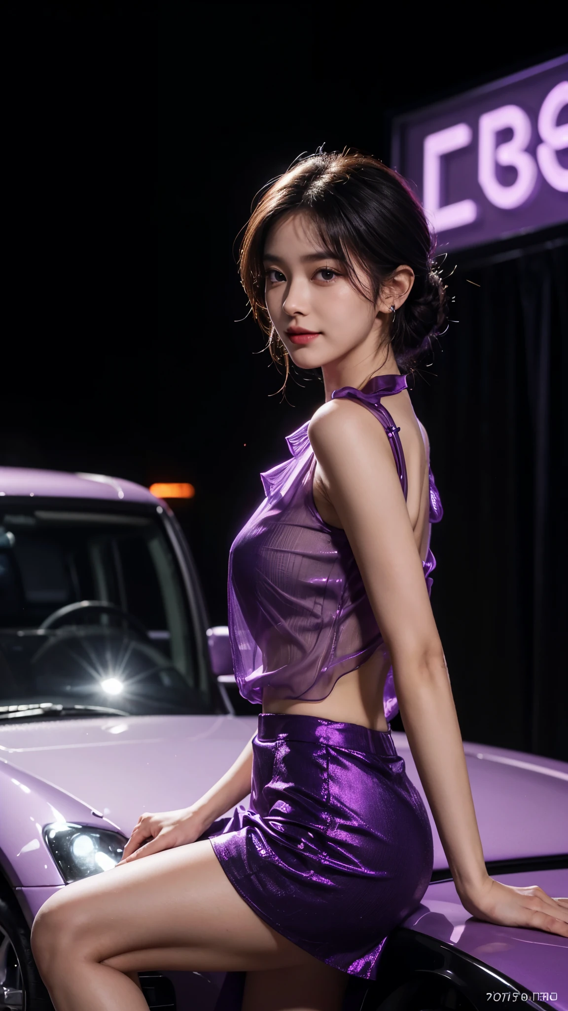 8k, masterpiece, RAW photo, best quality, photorealistic, extremely detailed CG unity 8k wallpaper, Depth of field, Cinematic Light, Lens Flare, Ray tracing, (extremely beautiful face, beautiful lips, beautiful eyes), intricate detail face, ((ultra detailed skin)) 1girl, in the dark, deep shadow, pretty korean girl, kpop idol,(very slim slender fit-muscled body:1.3), ((looking at viewer)),(big smile:1.3), (night, (neon sign), (blurry background), midnight, (without people in the background:1.3), pretty korean girl, white diamond earrings, bracelets, necklace, clear eyes, standing , front shot, Standing in front of purple neon Lights, Beside Purple Lamborghini car, (pale skin), (big eyes), full body shot, ((see through purple blouse)), (hot satin purple color blouse)), ((purple silky satin laced skirt)), (looking at viewer:1.3), very slim, breast, super round big breasts under the dress, Hermes purple bag, Above knee length purple skirt, updo hair, short hair, front face shot, ((Face Shot)), ((4 Different poses)), ((sexy angles)), medium butts, Purple vehicles, purple bike's, purple buses, purple walls, purple shop bords, purple advertising boards,