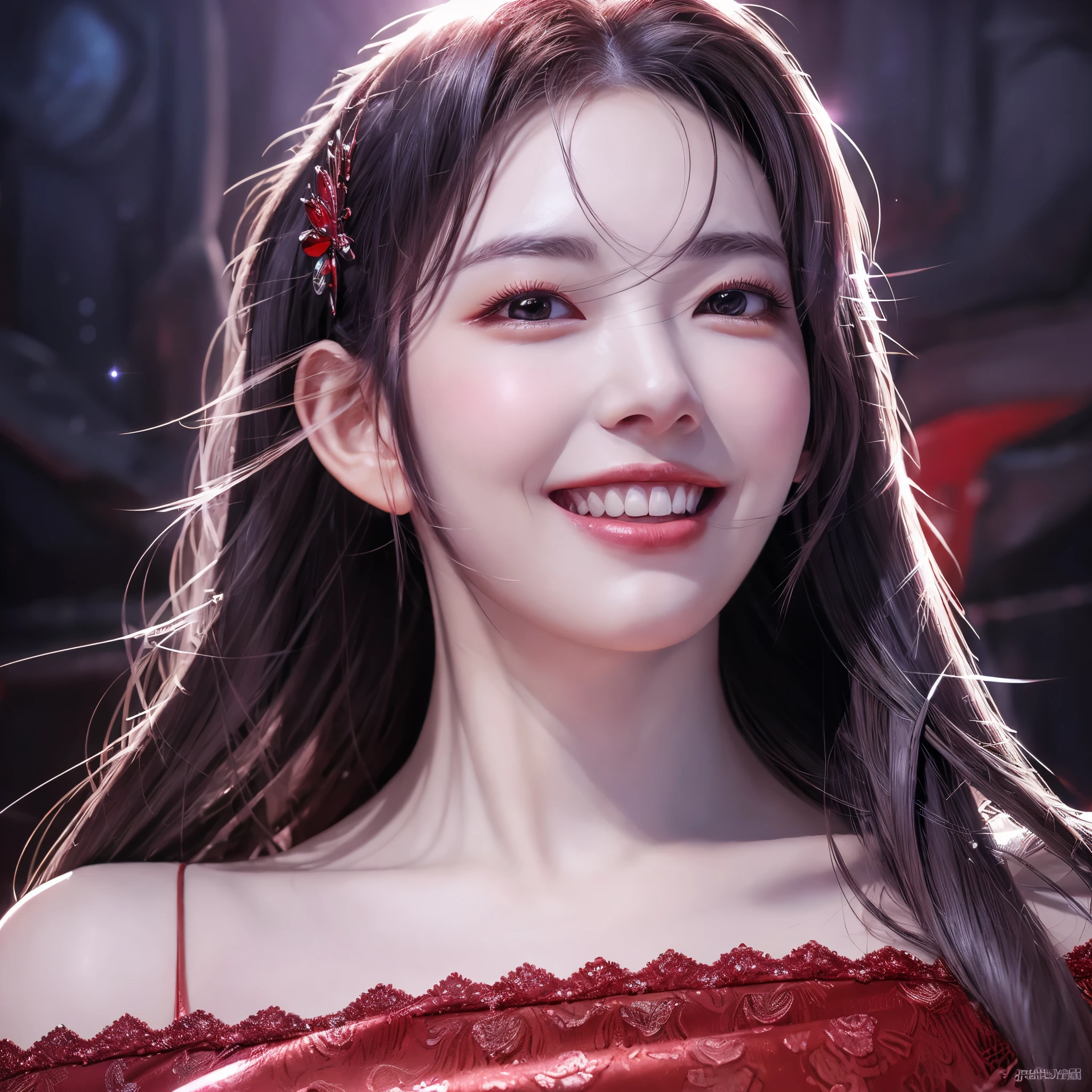 (highest quality,masterpiece),Close up portrait of woman in silver and red dress posing,Huge ,beautiful face,well-proportioned face,tie long hair,detailed fantasy art、fan art best art station、magnificent exquisite character art, detailed digital anime art、black hair、smile、beautiful teeth