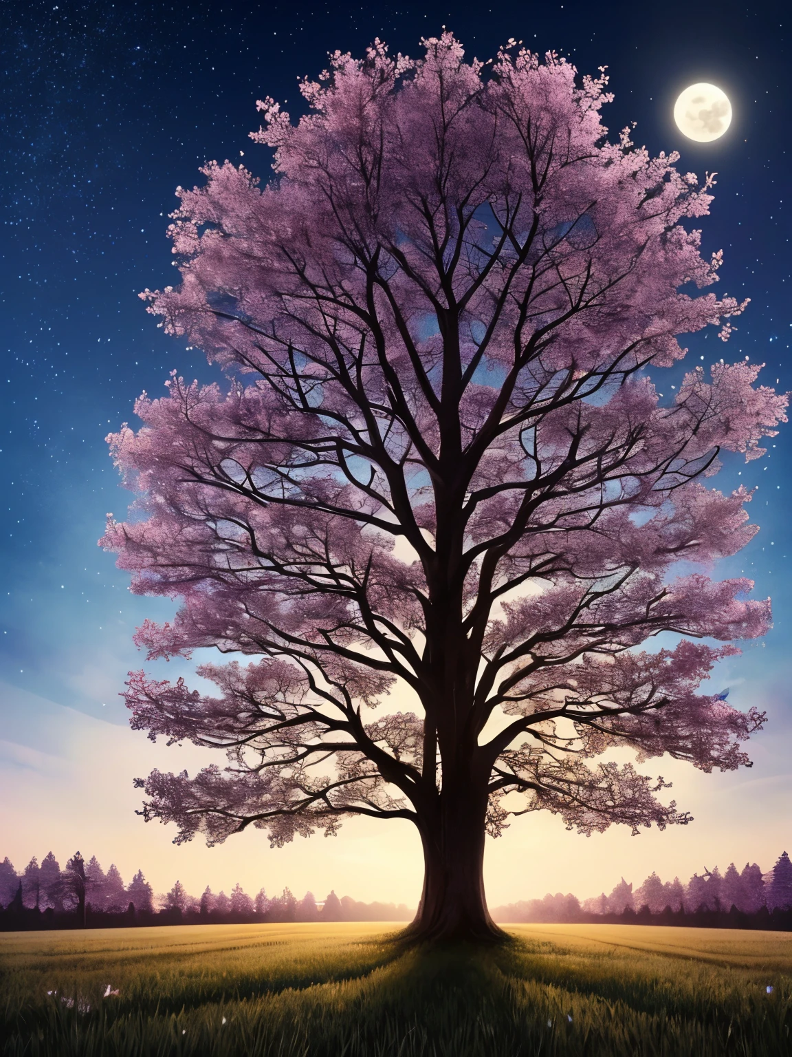 a tree in the middle of a field with a full moon in the background, fantasy tree, a beautiful tree, by Christopher Balaskas, magical tree, cgsociety 4k”, [ trending on cgsociety ]!!, by Jesper Ejsing, gorgeous art, rending on cgsociety, trending on cgsociety art, very beautiful digital art