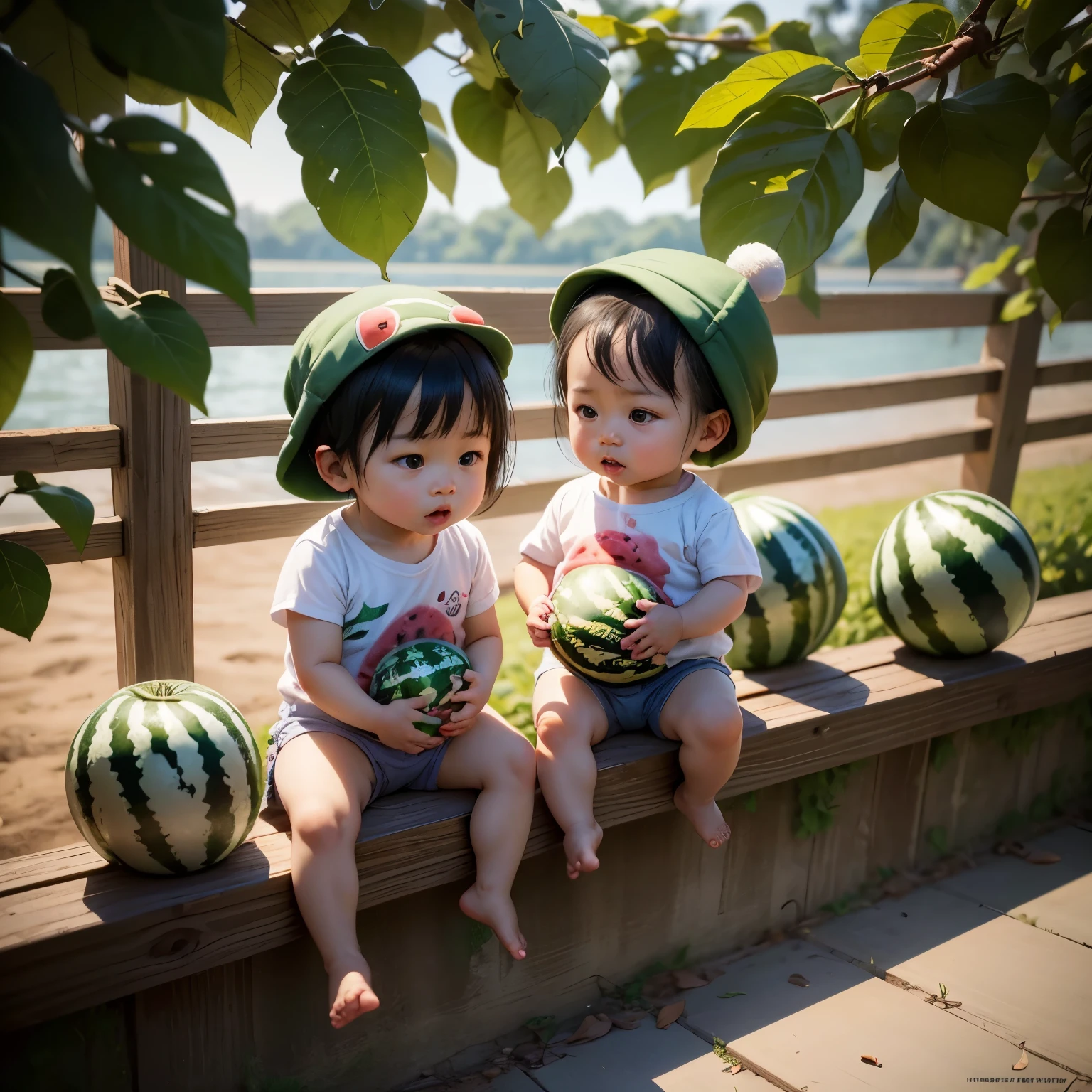 There are many babies wearing watermelon hats standing on the fence, By Weiwei, human , by Wang Yi, by Wen Zhenheng, by Wu Zhen, By Fei Danxu, by Liu Haisu, 6 pack, Xigang, by Wang Jian, [ Realistic photos ]!!, author： Tanimae, Super realistic food pictures, by Li Fangying